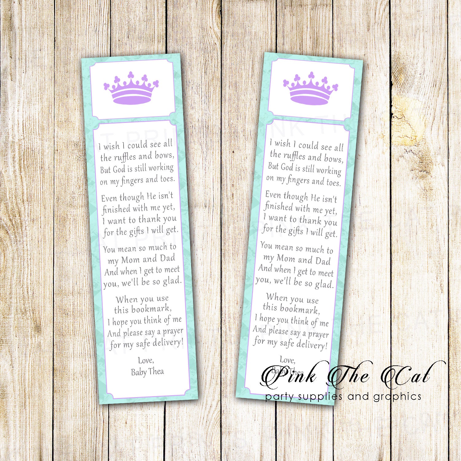bookmarks princess baby shower favor purple mint printable