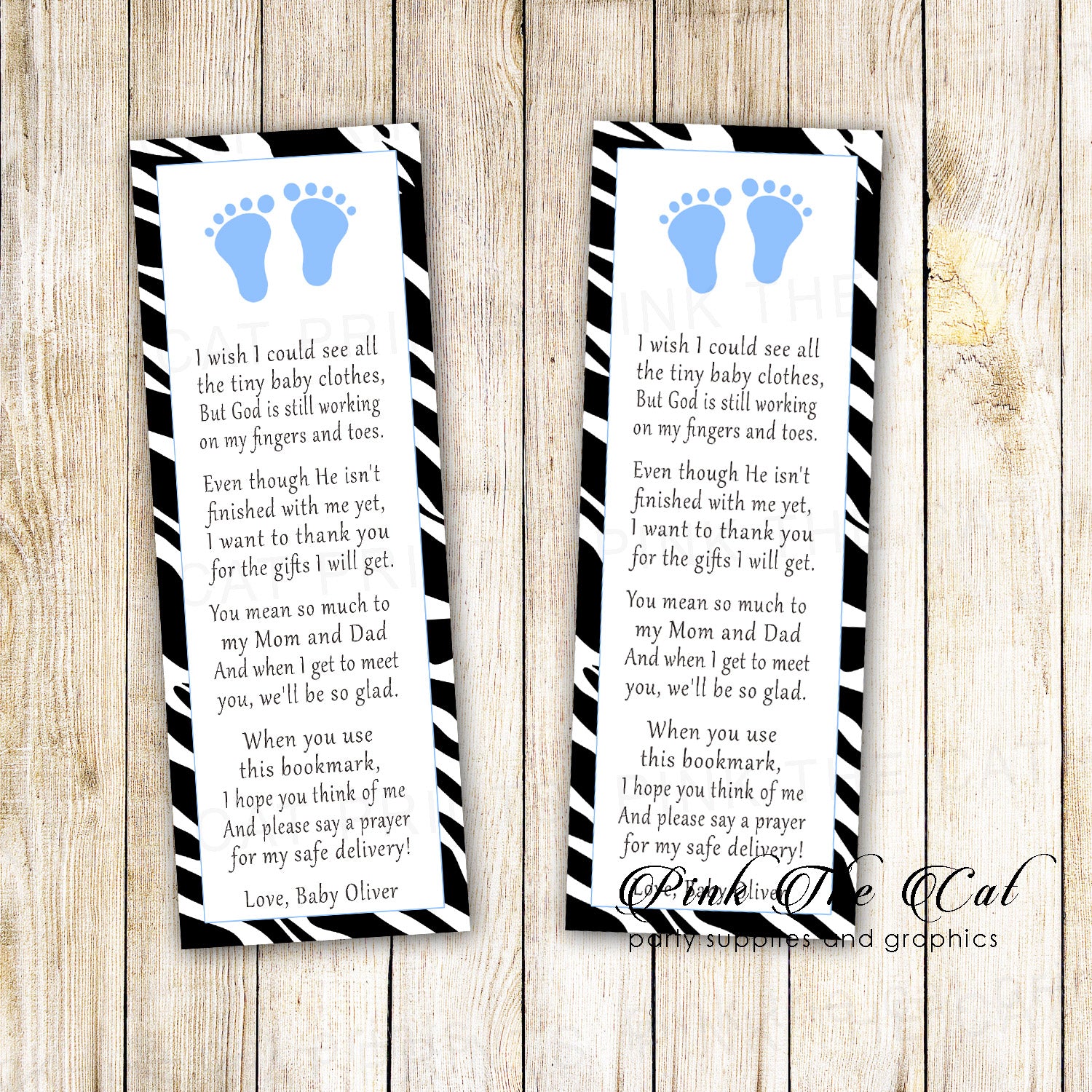 Bookmarks zebra footprints baby shower printable blue personalized