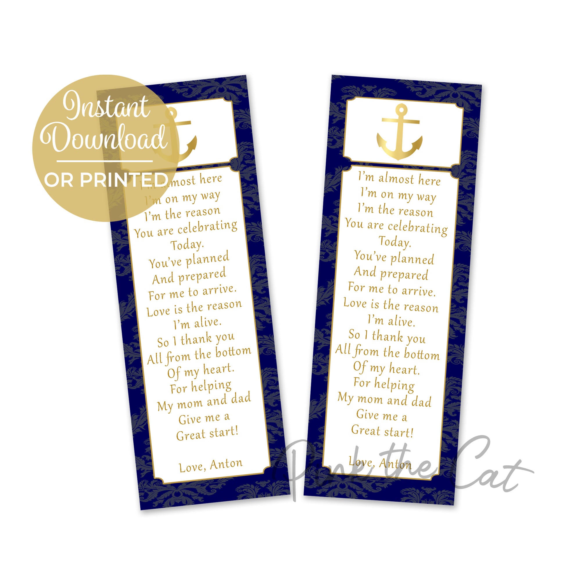 Nautical gold navy baby shower bookmarks