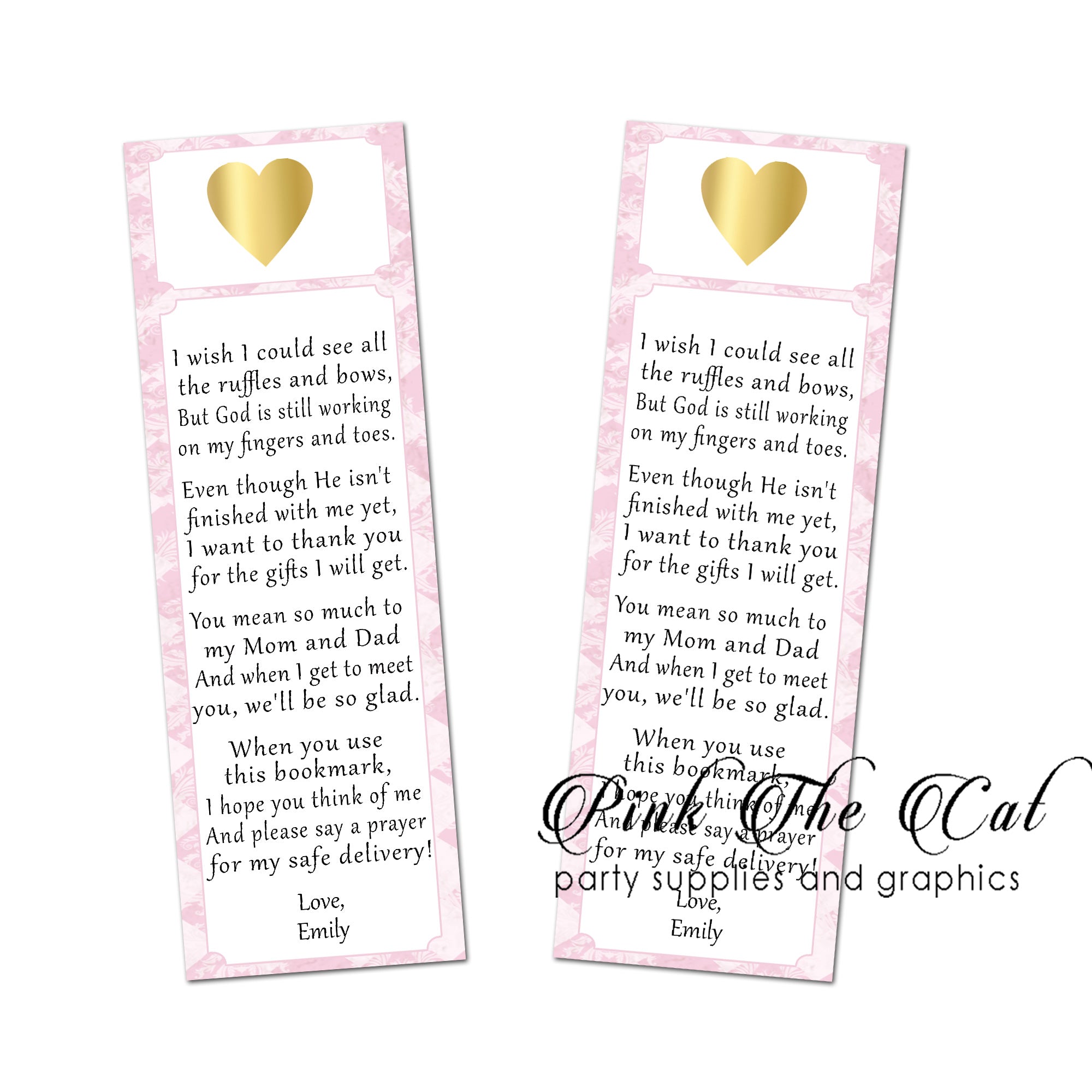 25 Bookmarks Pink Gold Heart Baby Shower Personalized