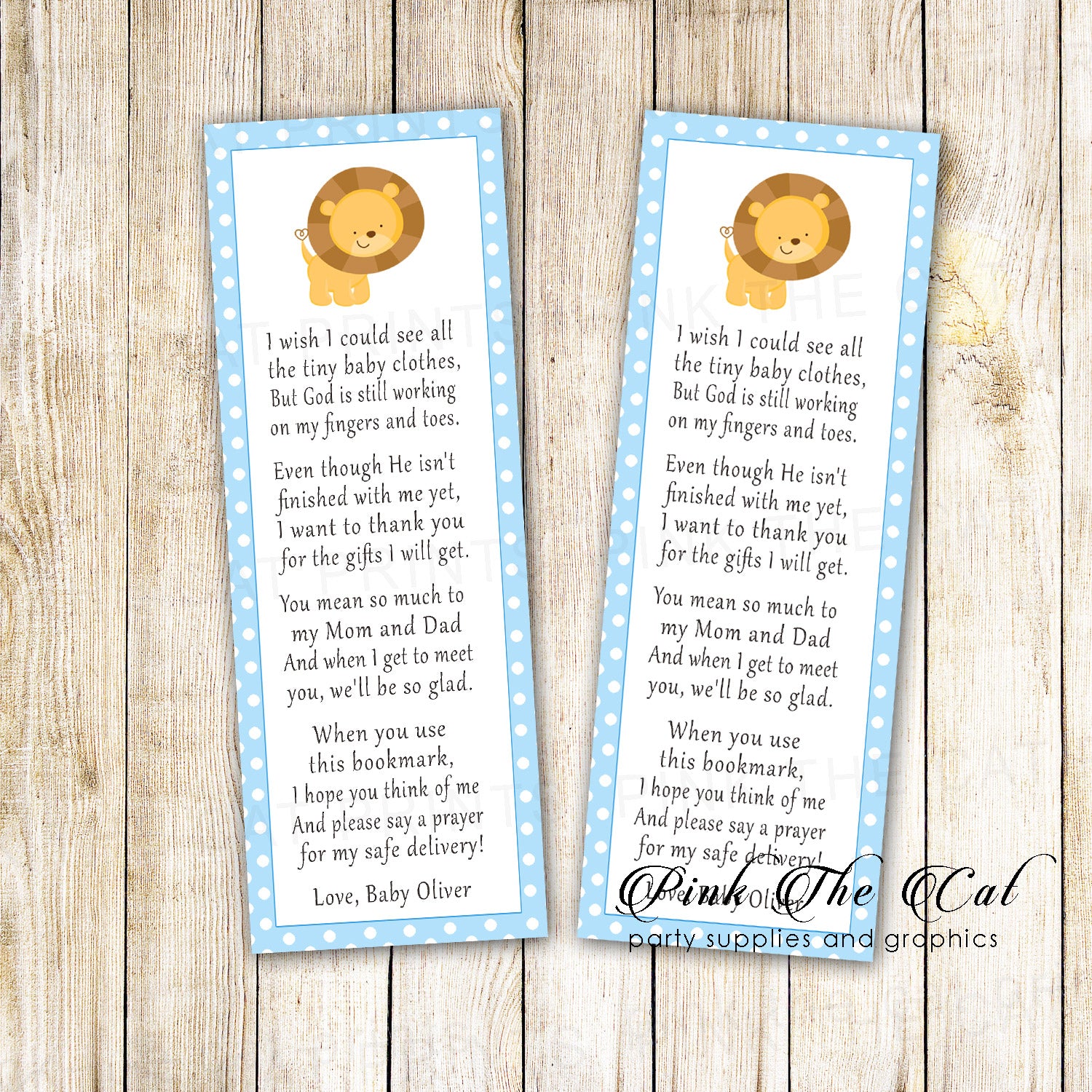 25 bookmarks blue lion cub baby shower personalized name