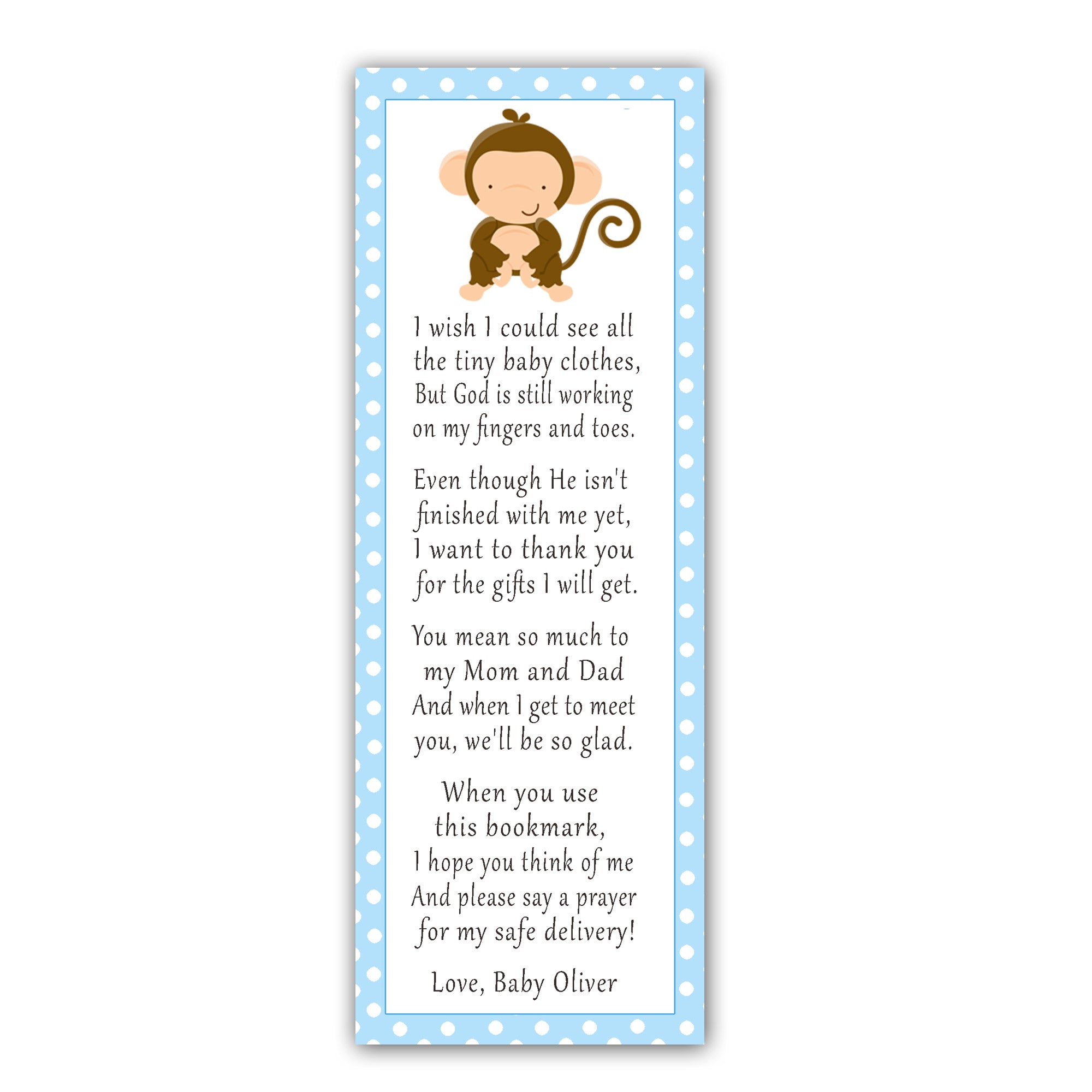 25 bookmarks blue monkey boy baby shower personalized 