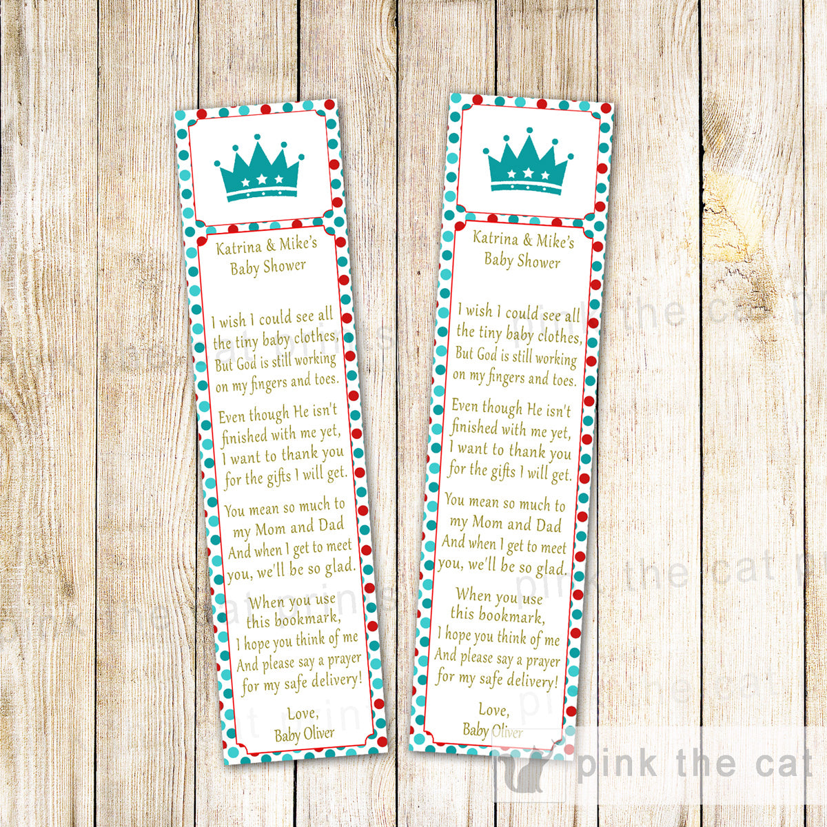 Prince Bookmark Favor Baby Boy Shower Teal Red