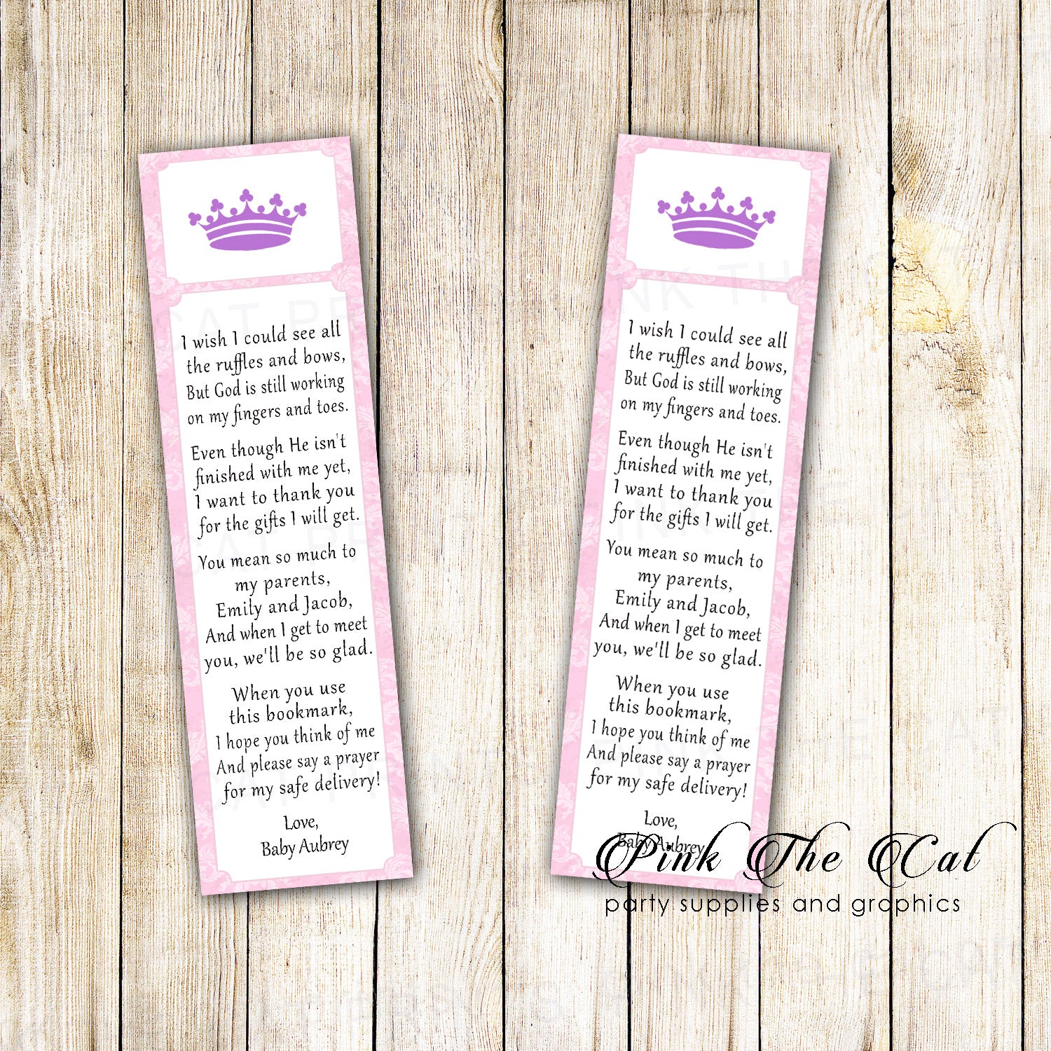 50 bookmarks princess baby shower favor pink purple