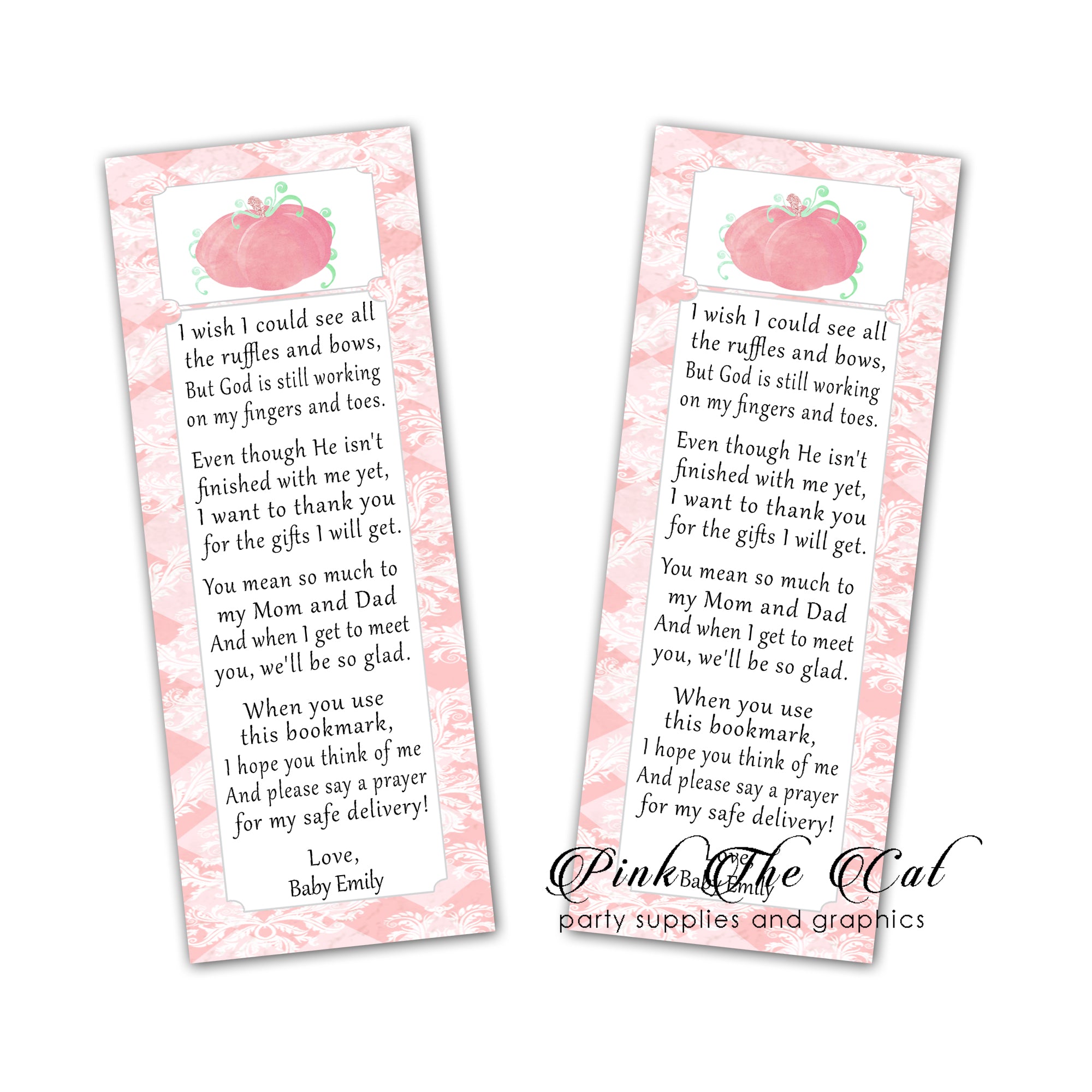 Pumpkin bookmarks pink printable baby shower favors