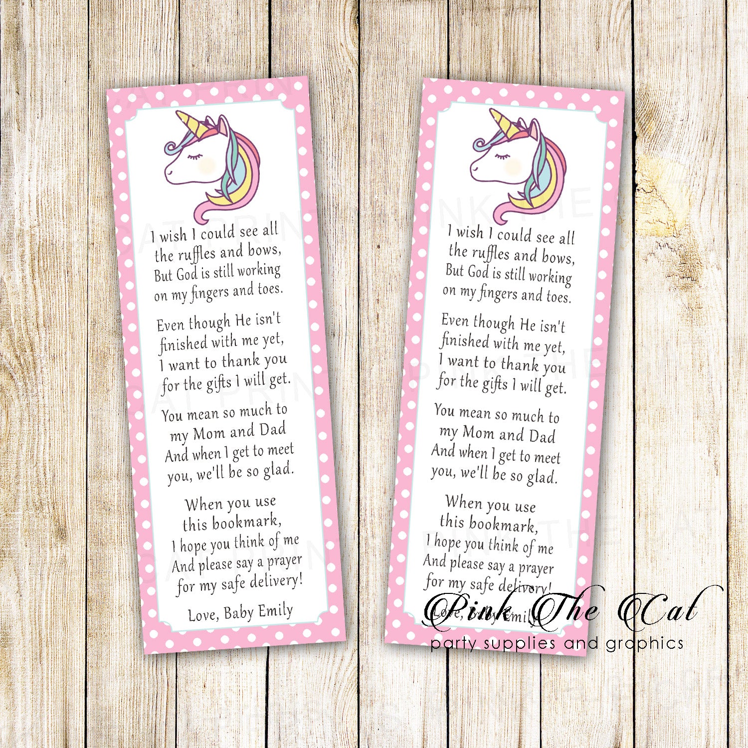 50 bookmarks unicorn baby shower pink rainbow personalized
