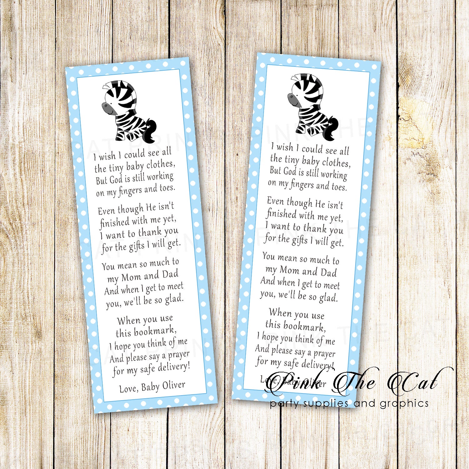 Bookmarks blue zebra baby shower printable personalized