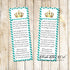 50 bookmarks prince princess baby shower teal gold