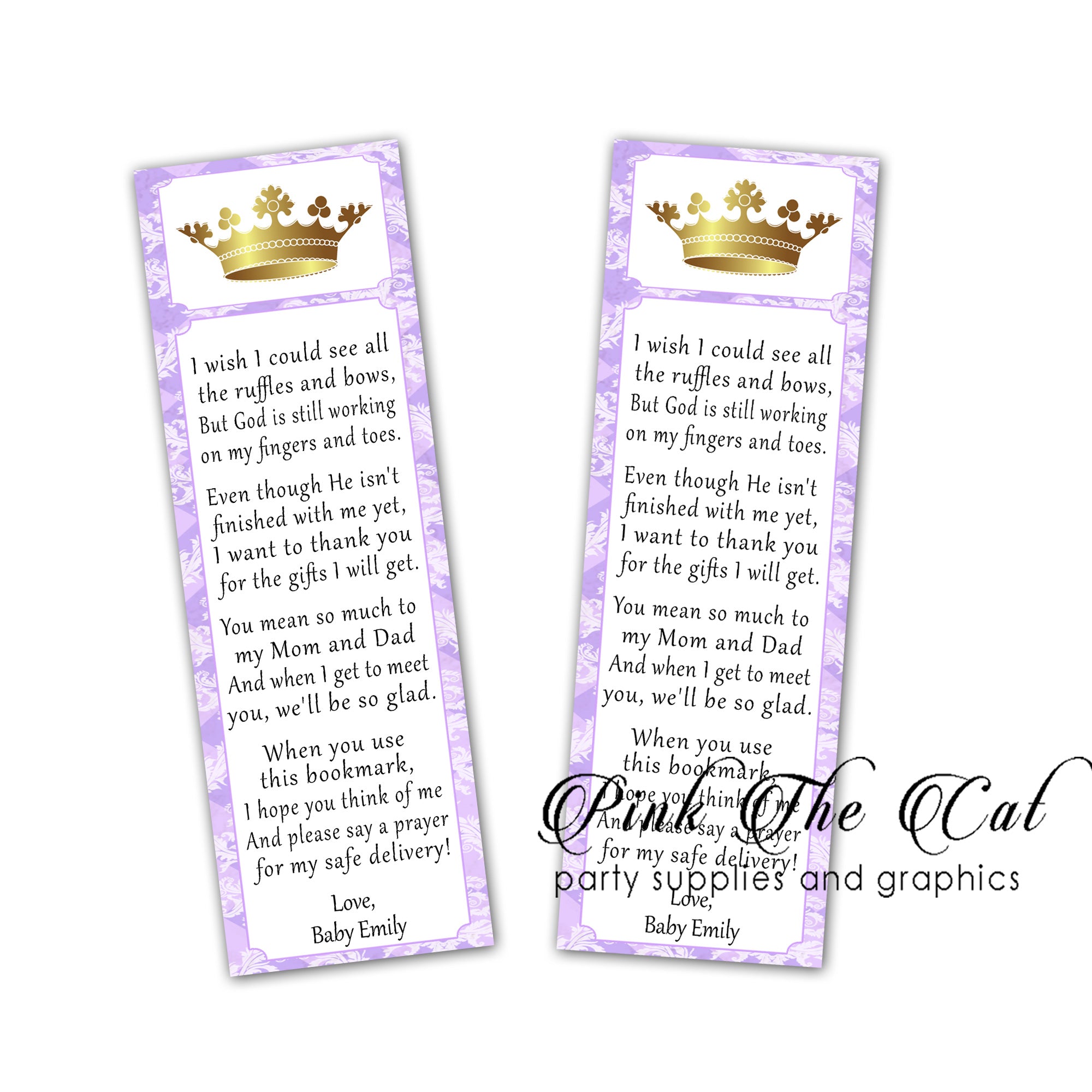 25 Bookmarks Princess Lavender Gold Baby Shower Favors