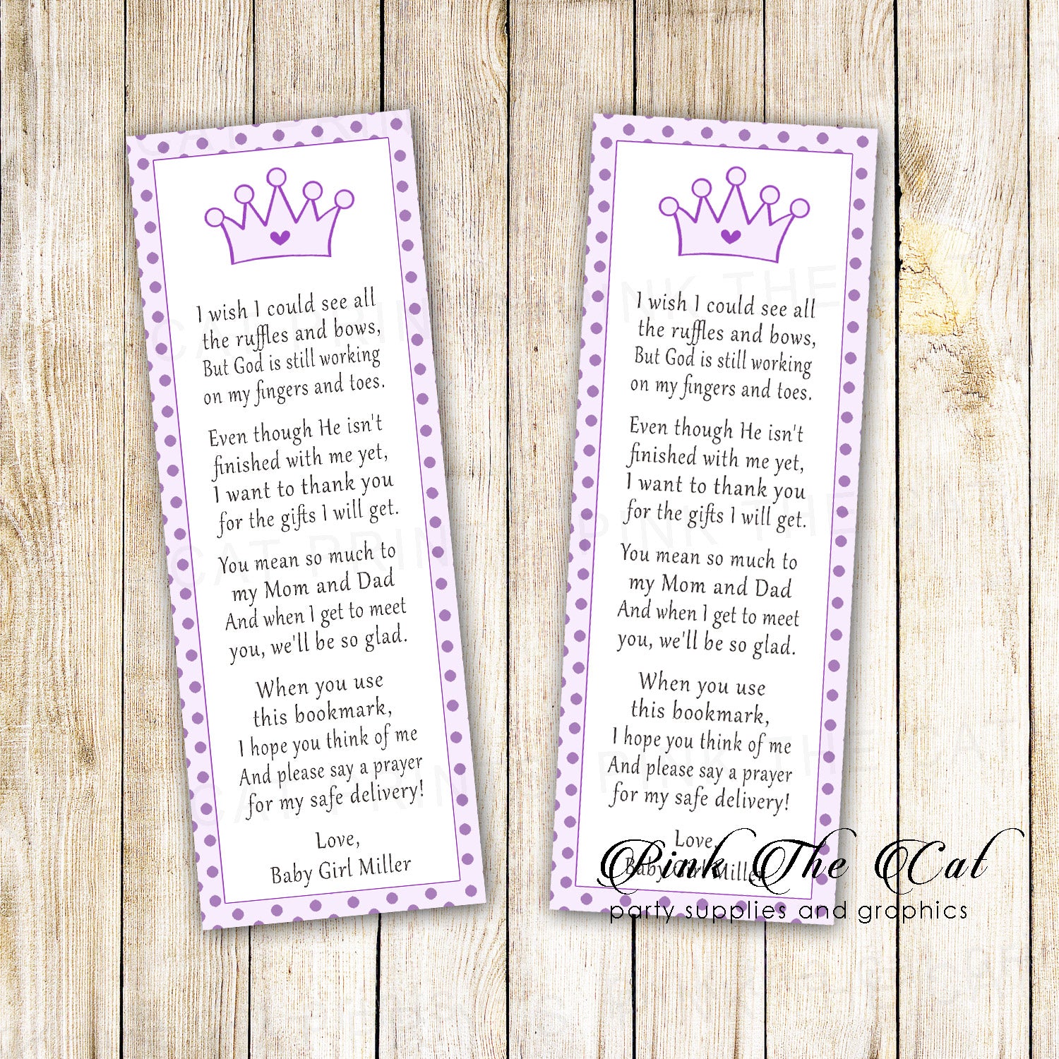 25 bookmarks purple lillac princess baby shower personalized
