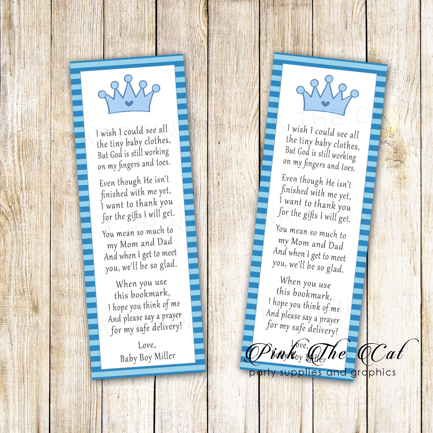 Bookmarks prince stripes baby shower printable blue personalized