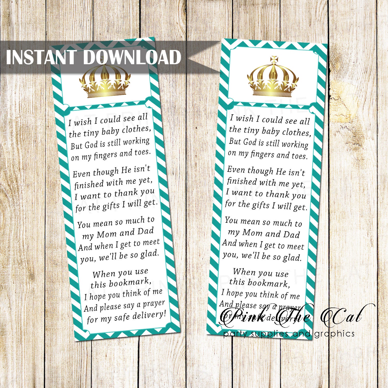 Prince Princess Bookmark Teal Gold Printable Unisex