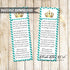 Prince Princess Bookmark Teal Gold Printable Unisex
