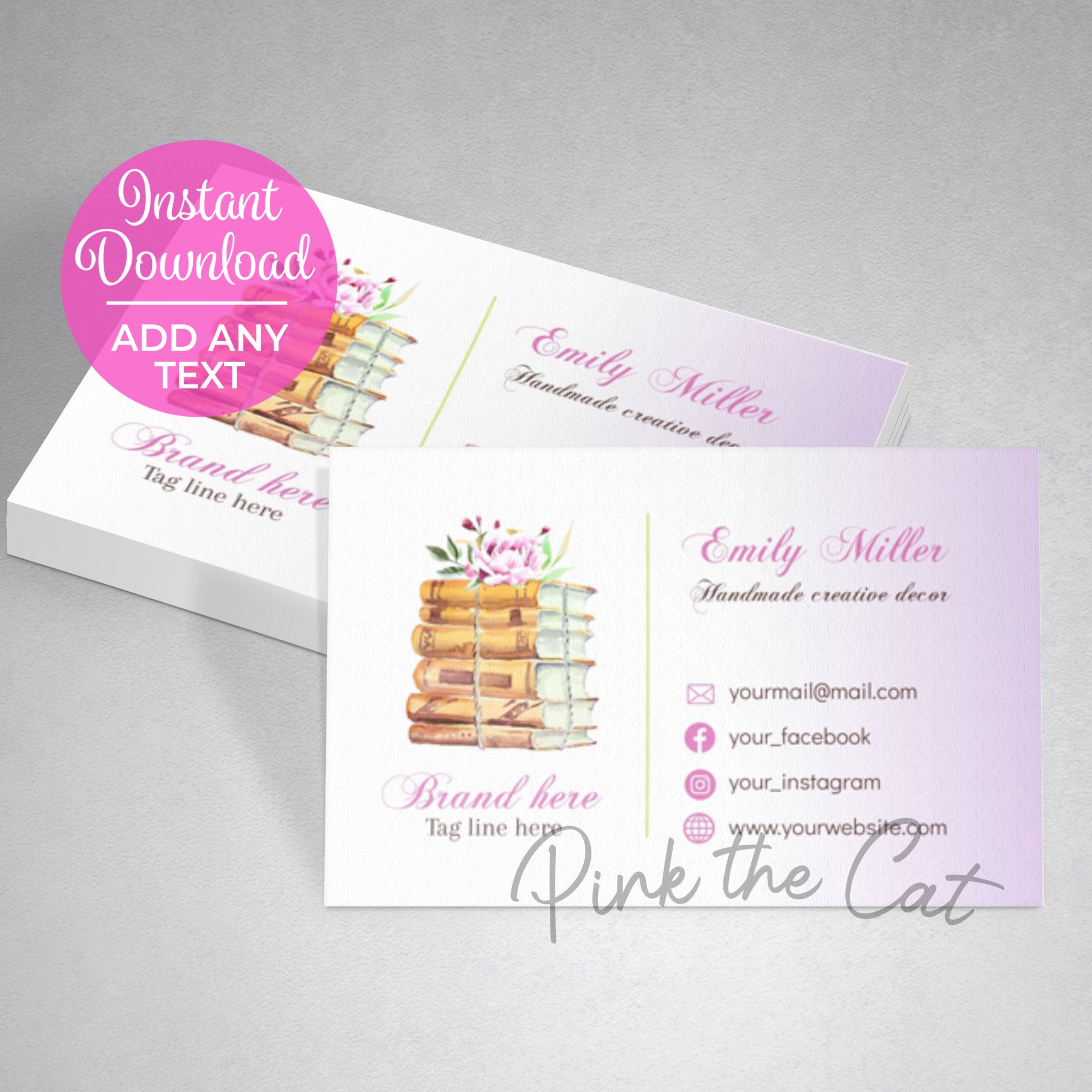 Book stack floral watercolor business card