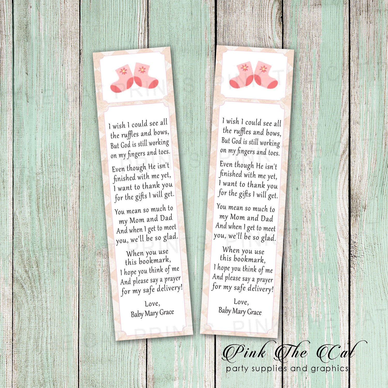 50 Printed Bookmarks Baby Shower Girl Pink Booties