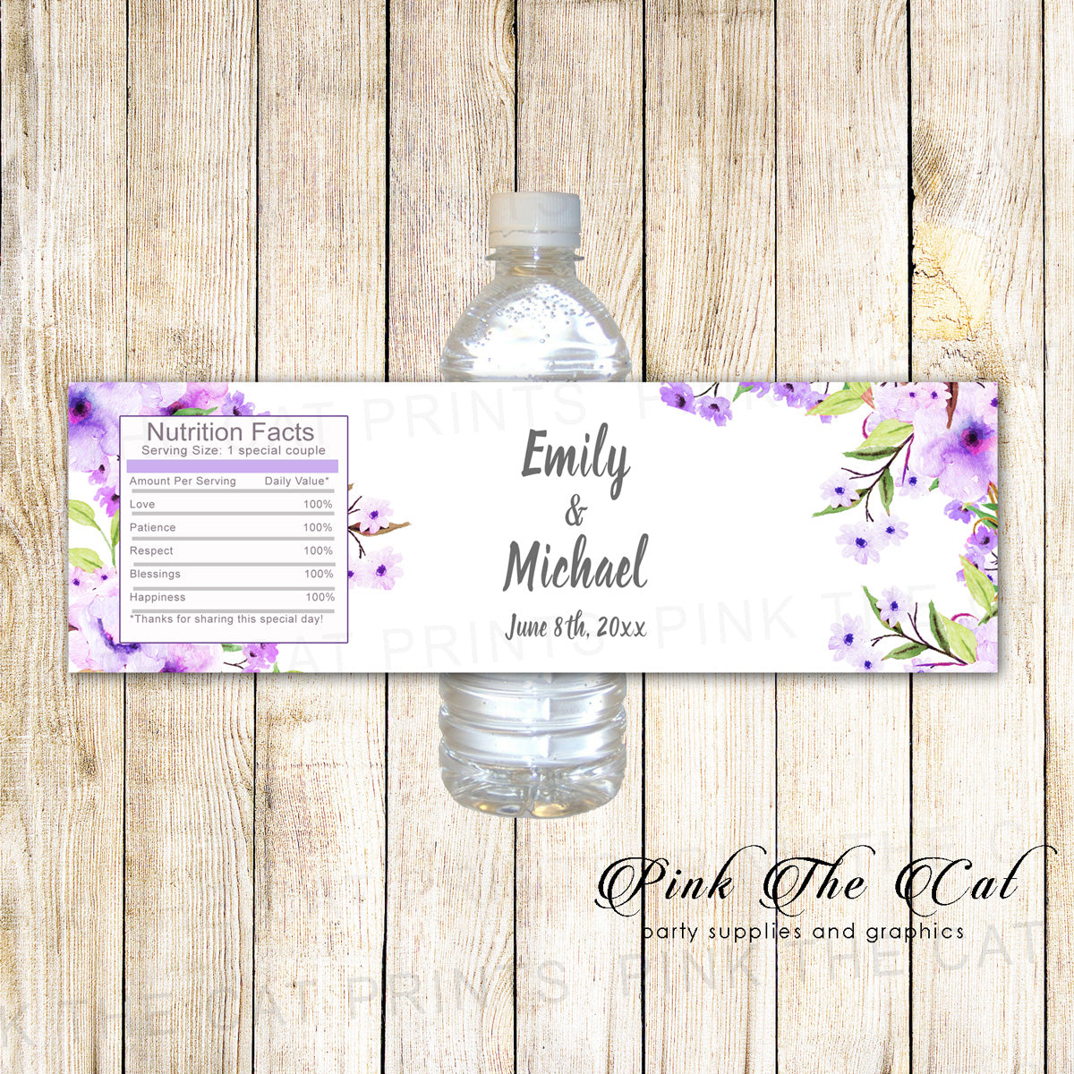Boho Lavender Water Bottle Labels Watercolor Flowers Printable