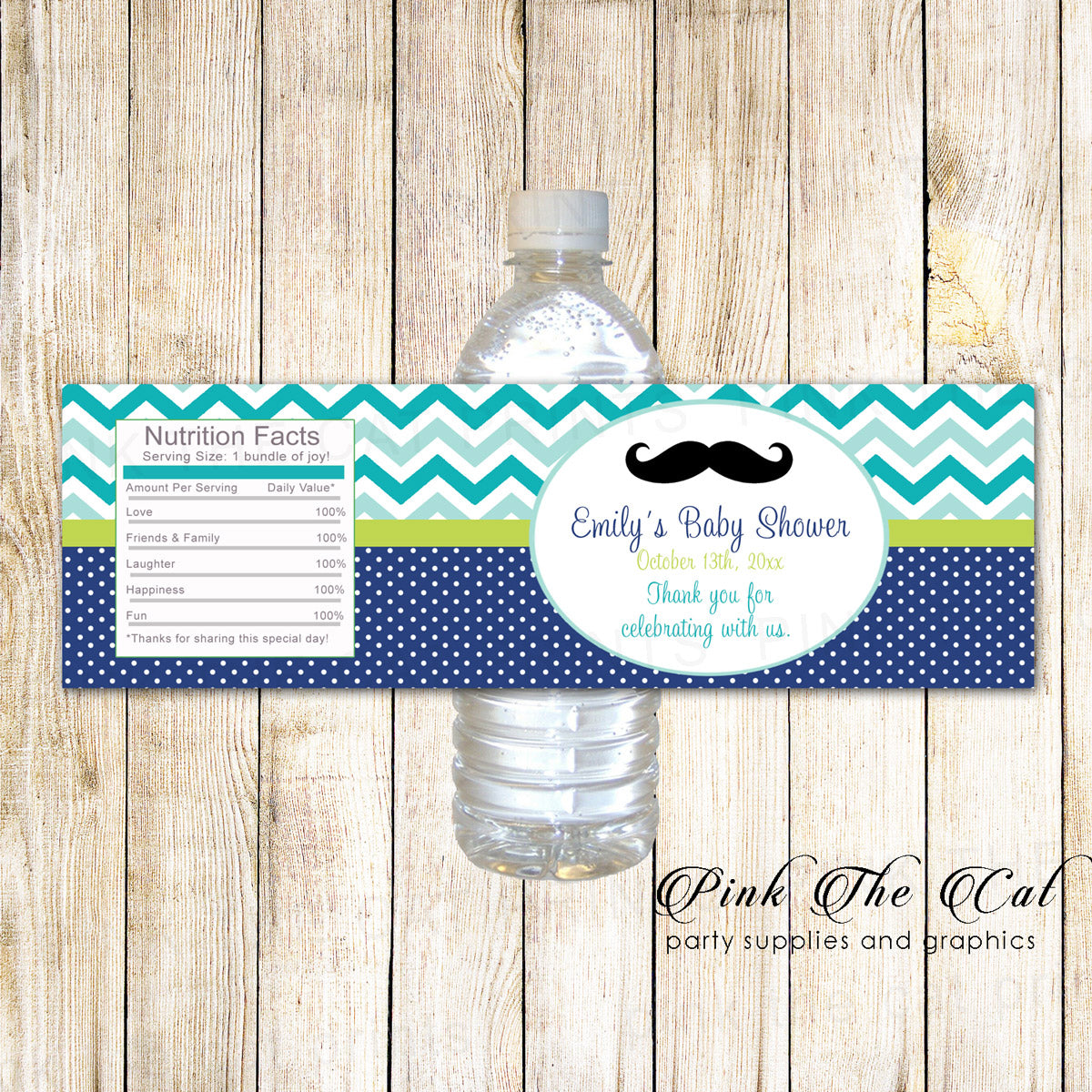 30 Bottle Labels Mustache Boy Baby Shower Teal Blue