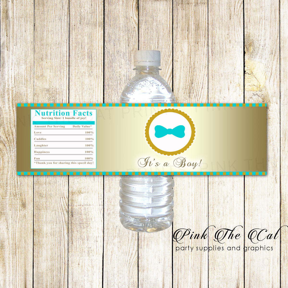 Water Bottle Labels Little Man Bowtie Teal Gold Baby Shower Printable