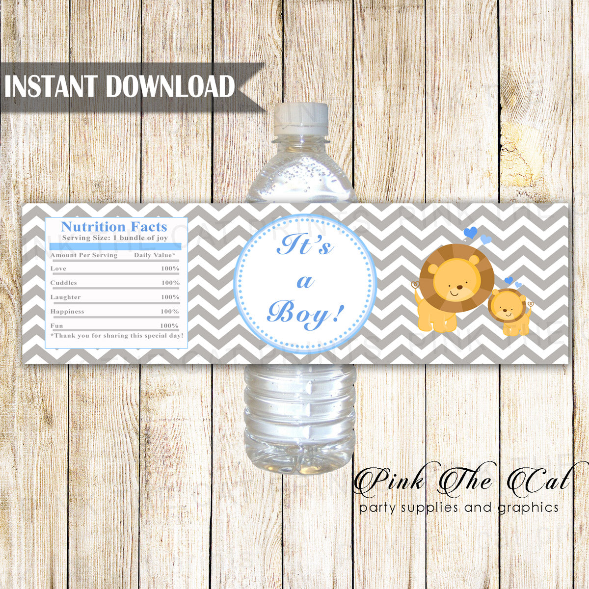 Lion And Cub Baby Boy Shower Bottle Label Blue Silver Printable