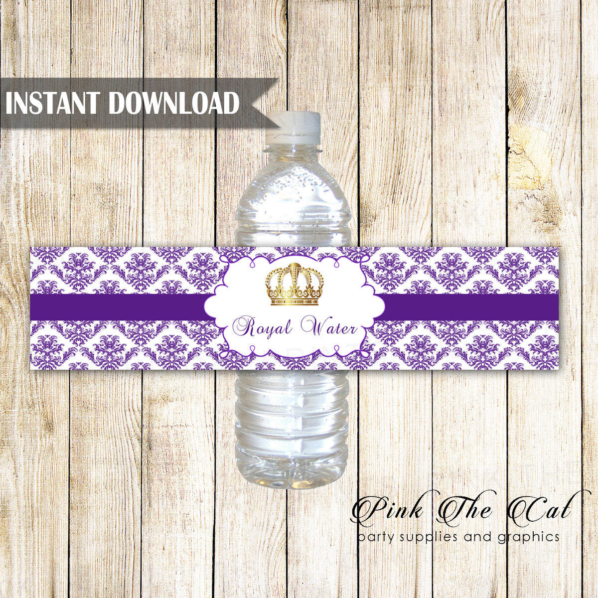 Princess Bottle Label Birthday Baby Shower Purple Damask Gold Printable