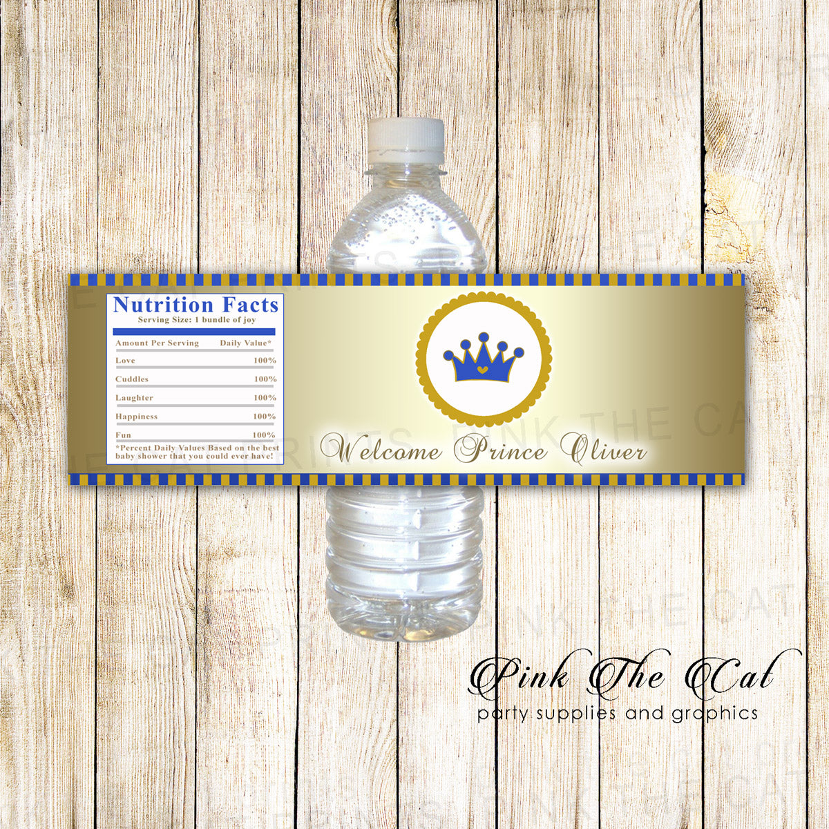 Prince bottle label baby shower birthday gold navy blue printable 