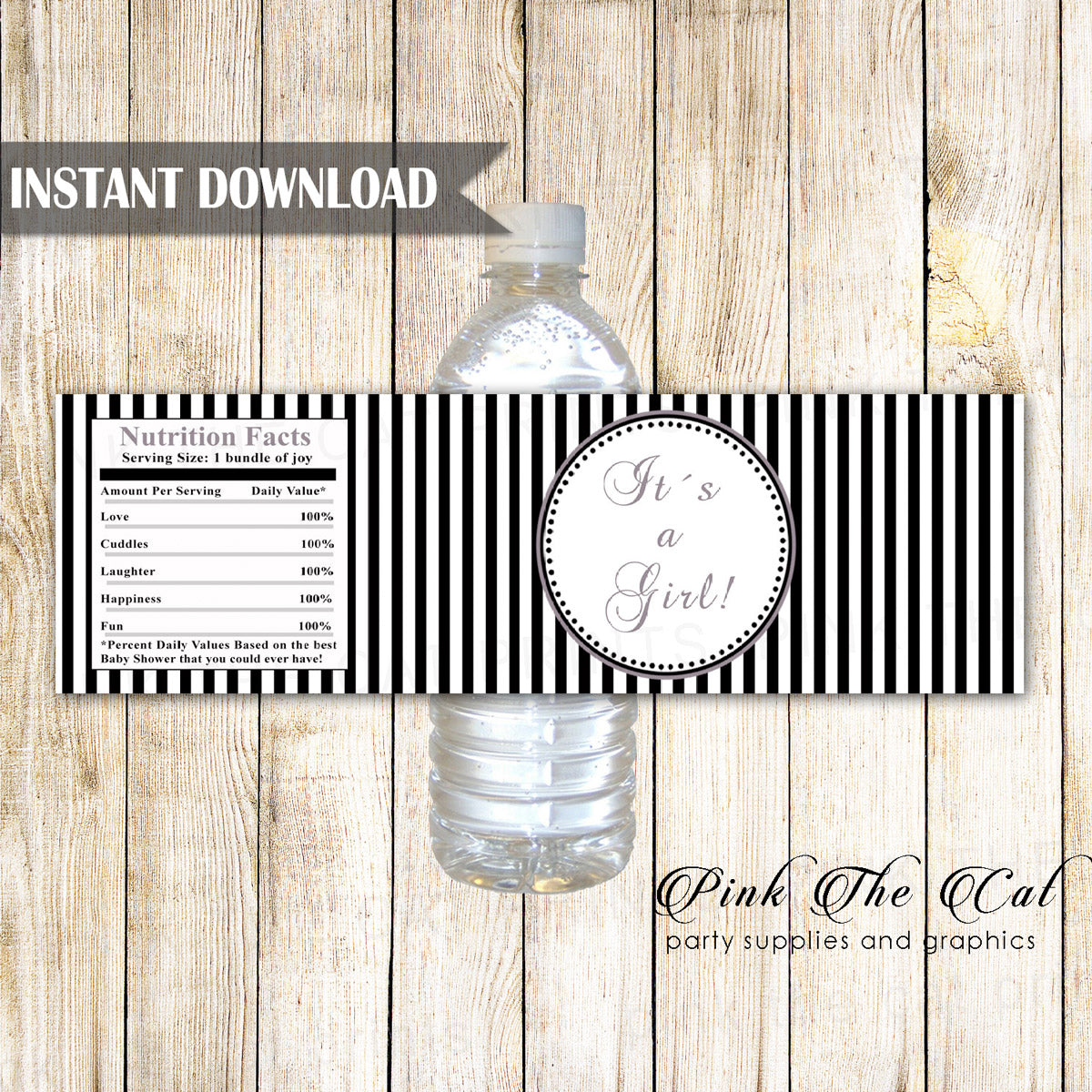 Black White Stripes Baby Girl Shower Bottle Label Printable
