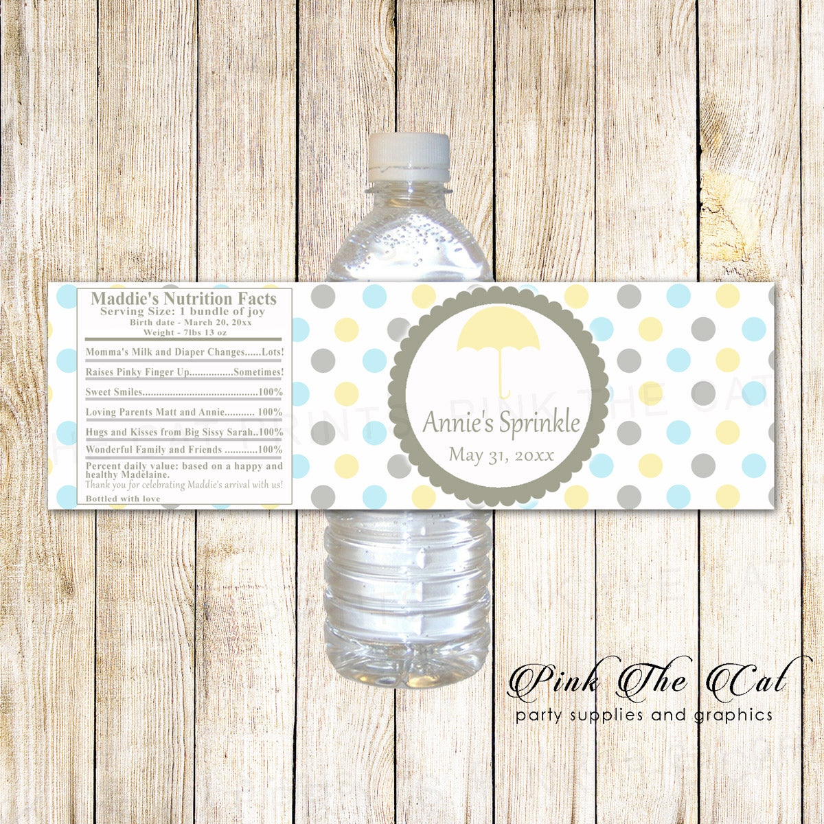 30 bottle labels umbrella baby shower yellow blue silver