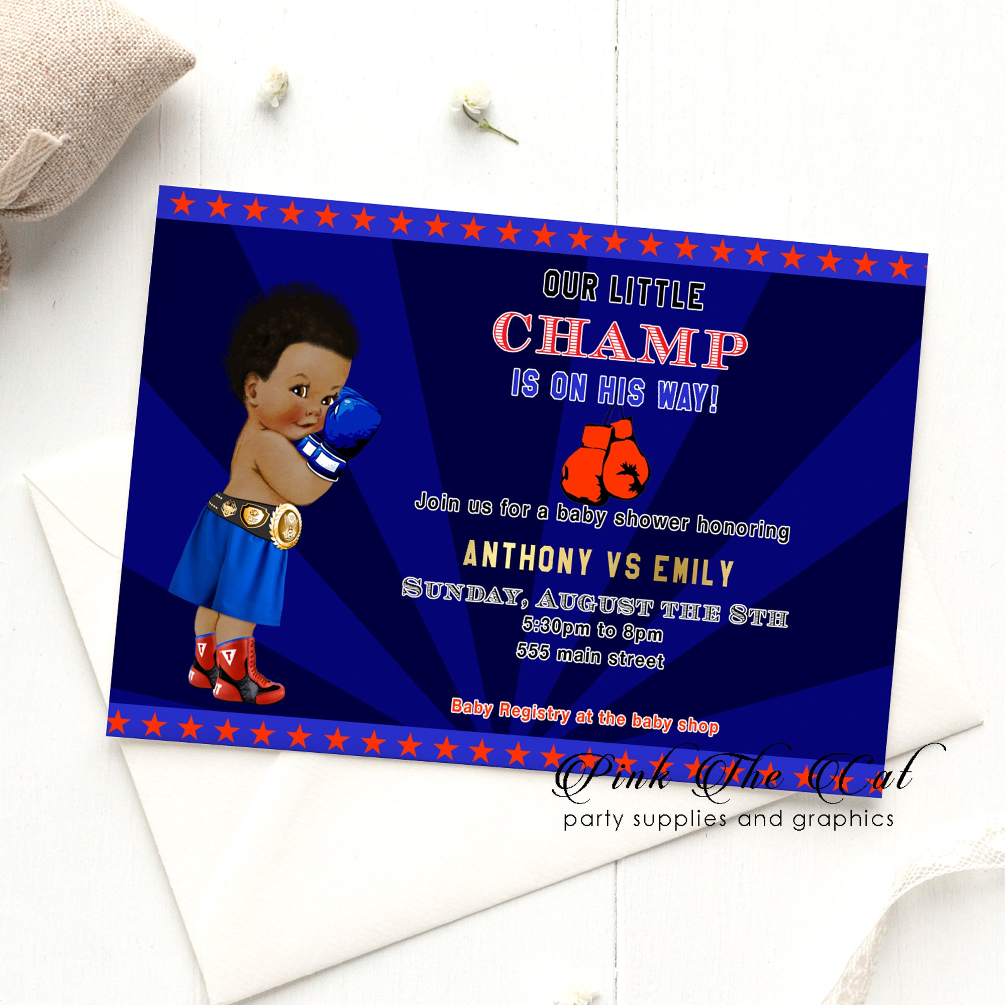 Boxing vintage baby shower invitation royal blue red printable 
