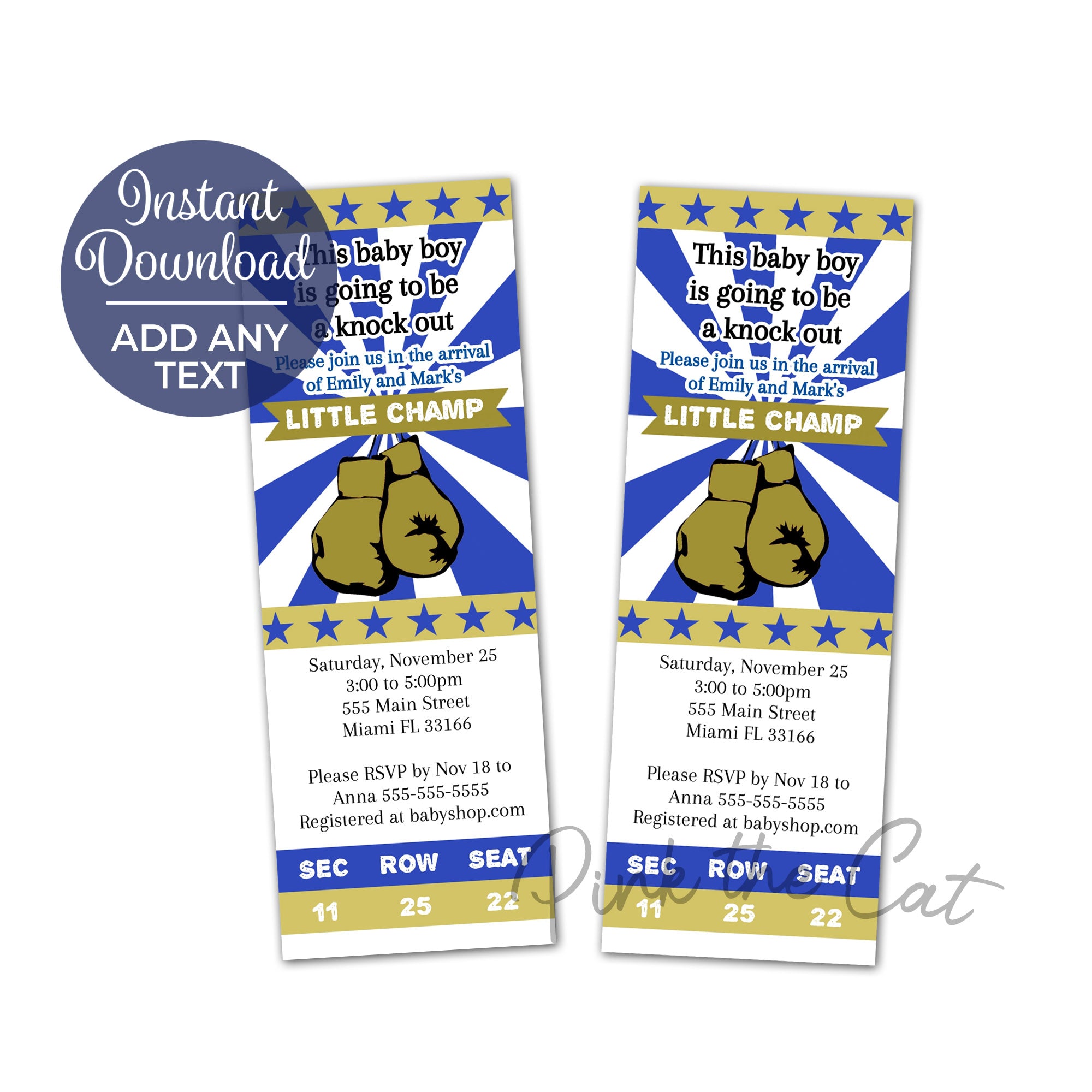 Boxing invitation blue gold birthday baby shower