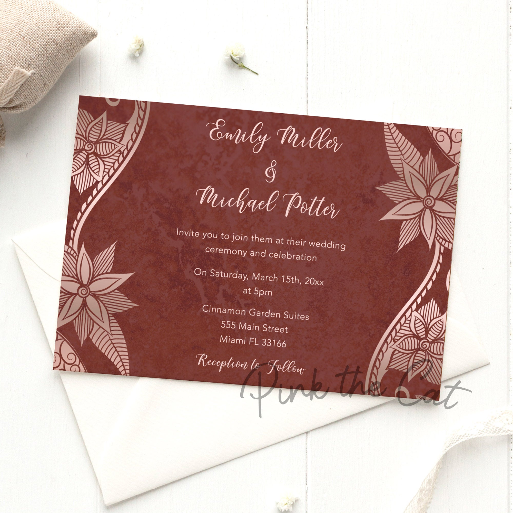 Brown rose & rose gold wedding invitations