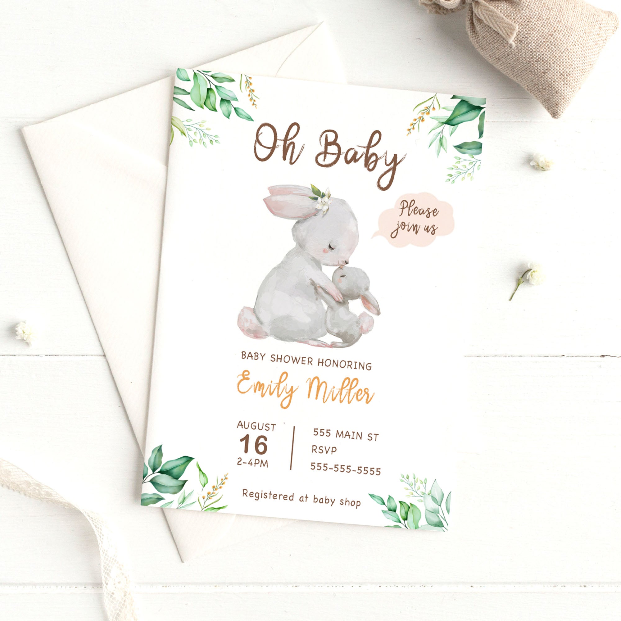 Bunny watercolor invitation