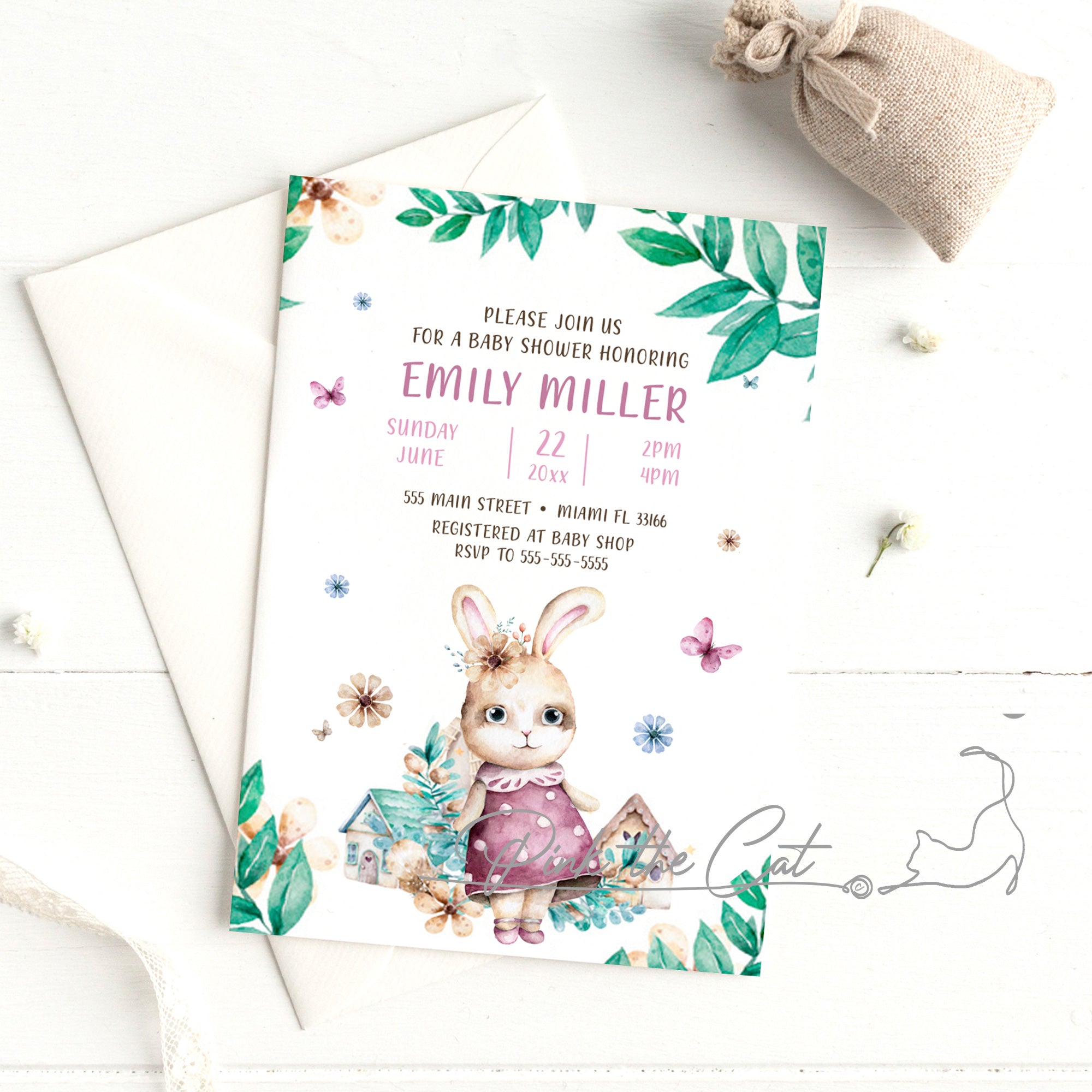 Bunny watercolor baby shower invitation for girls personalized