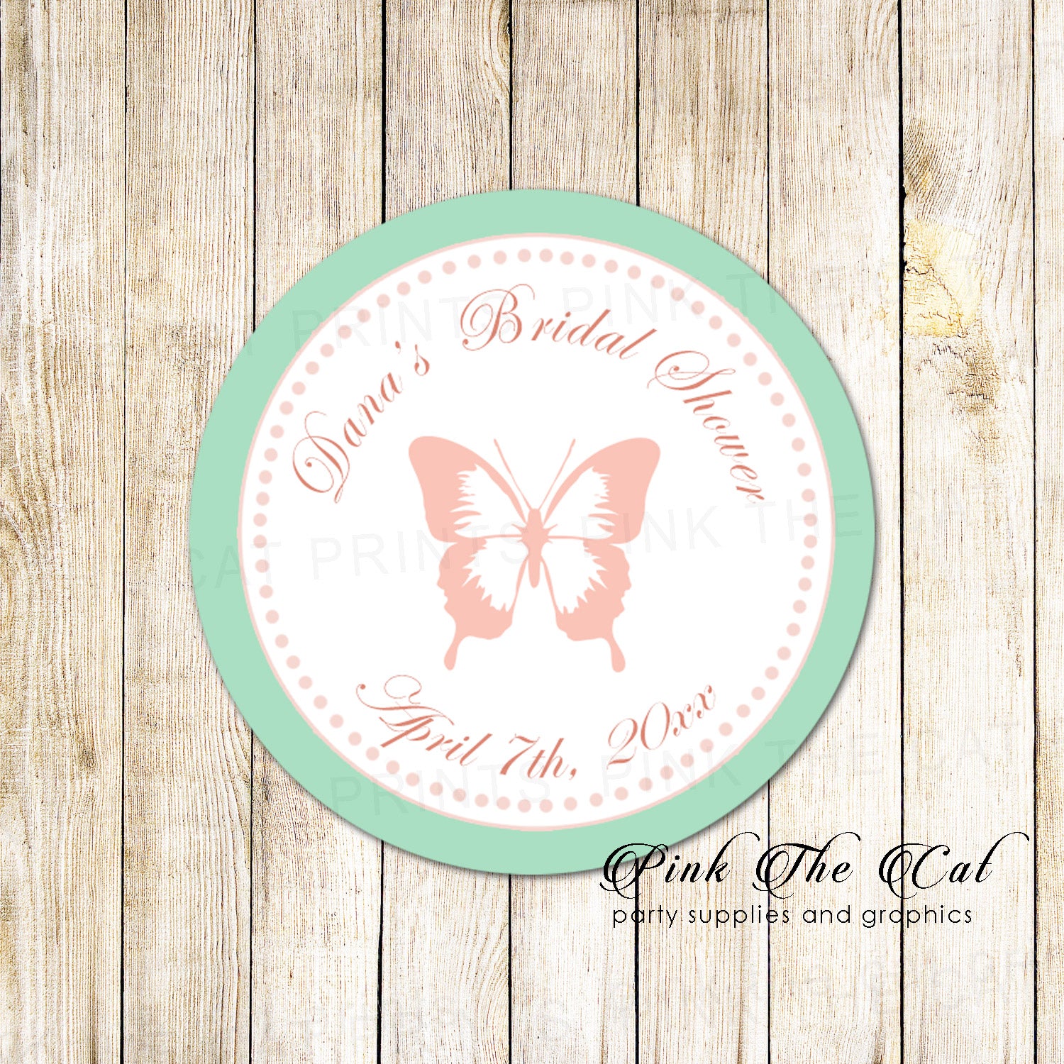 40 Butterfly Favor Label Stickers Bridal Shower Blush Pink Mint
