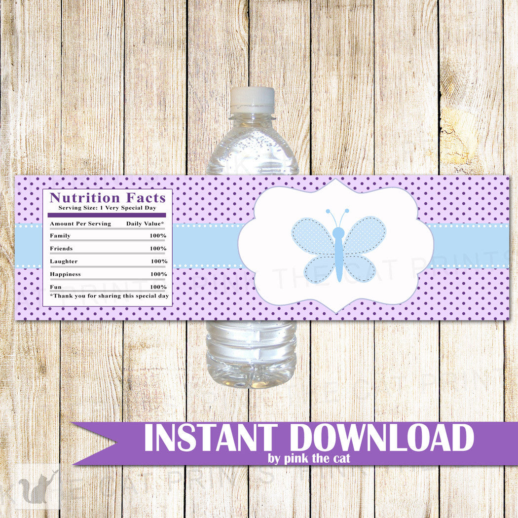 Butterfly Bottle Label Girl Birthday Baby Showe Purple Blue
