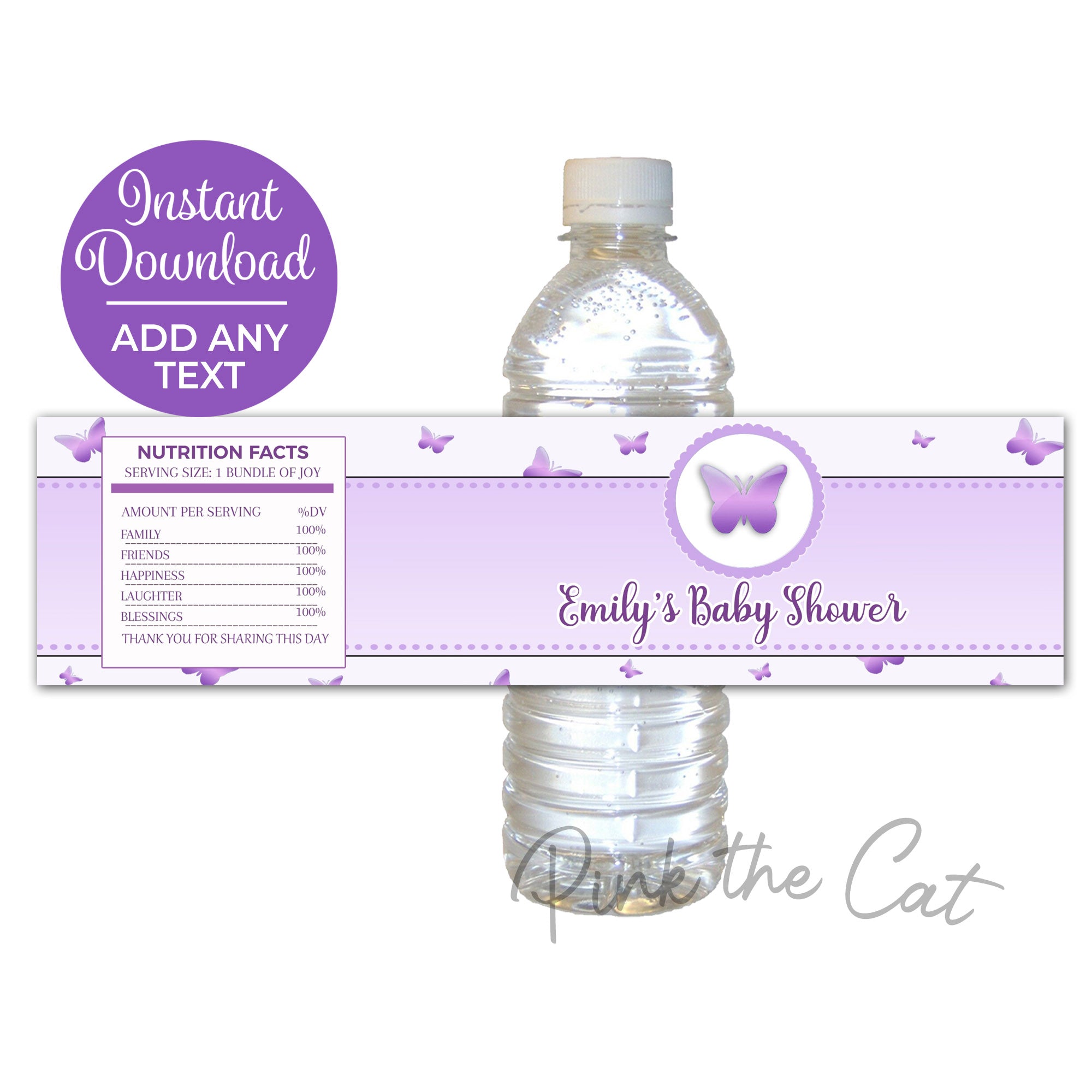 Butterfly Bottle Label Birthday Baby Shower Purple