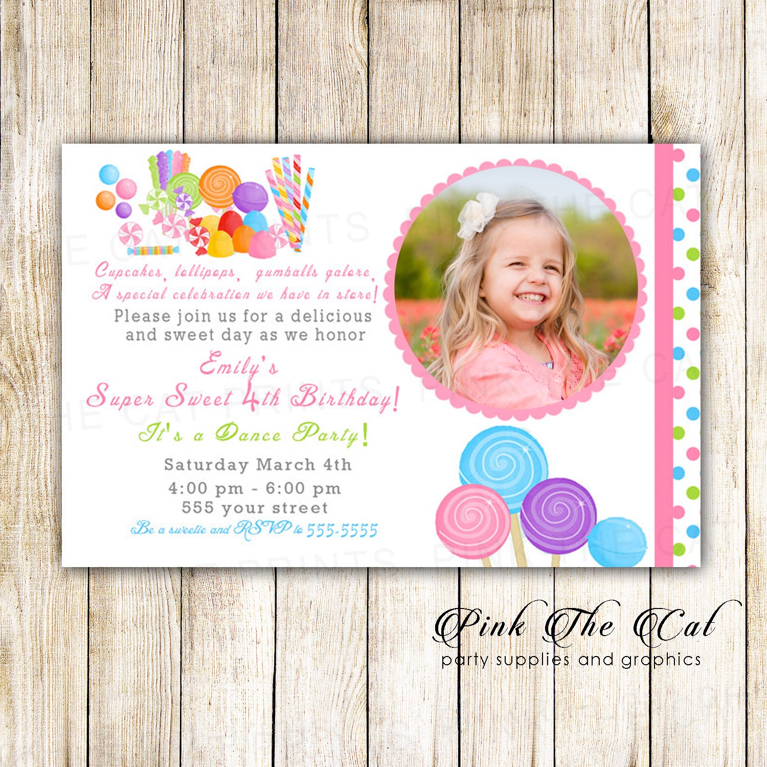 Candy Birthday Invitation Photo Card for Girl Sweet Shop