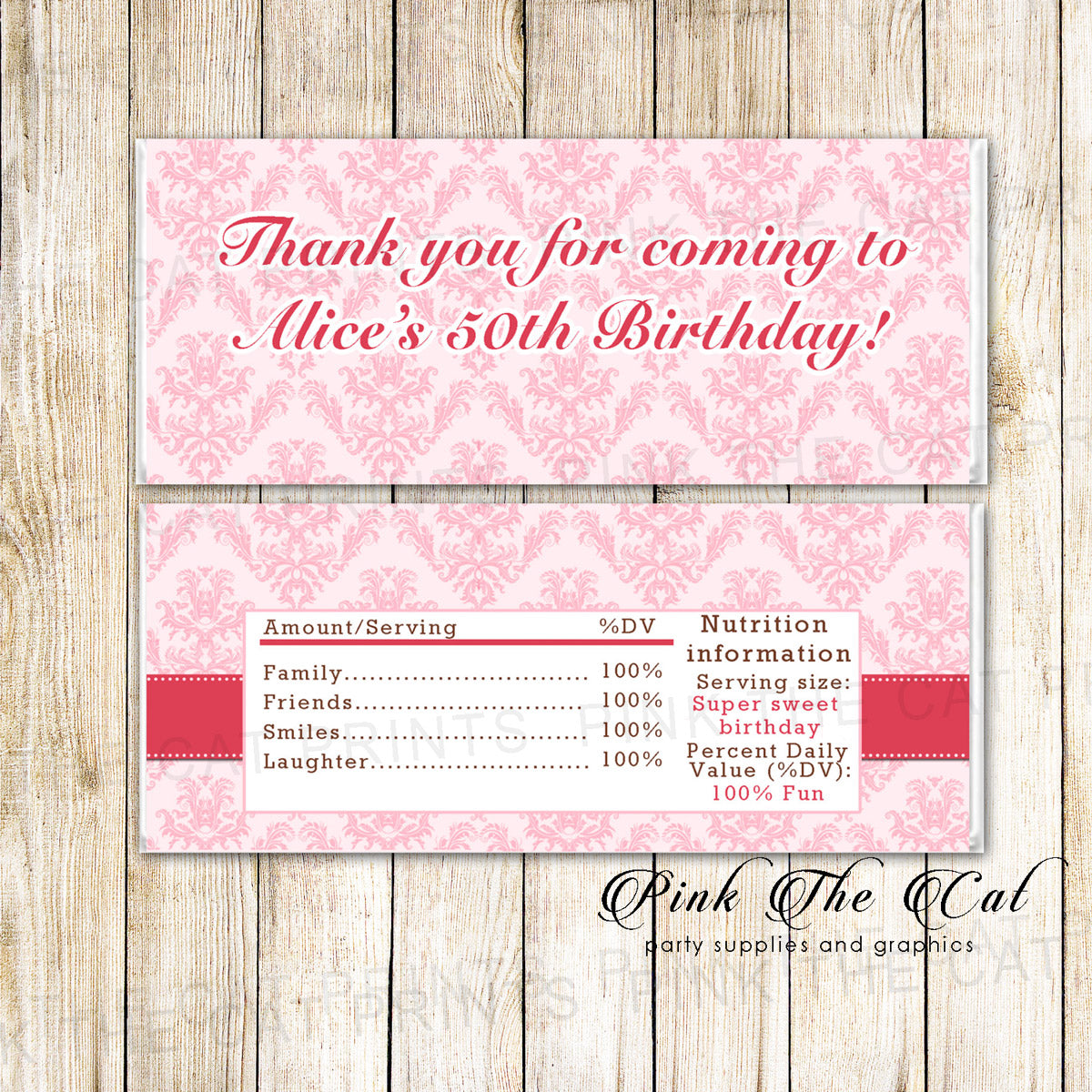 30 Candy Bar Wrappers Red Pink Damask Birthday Favors