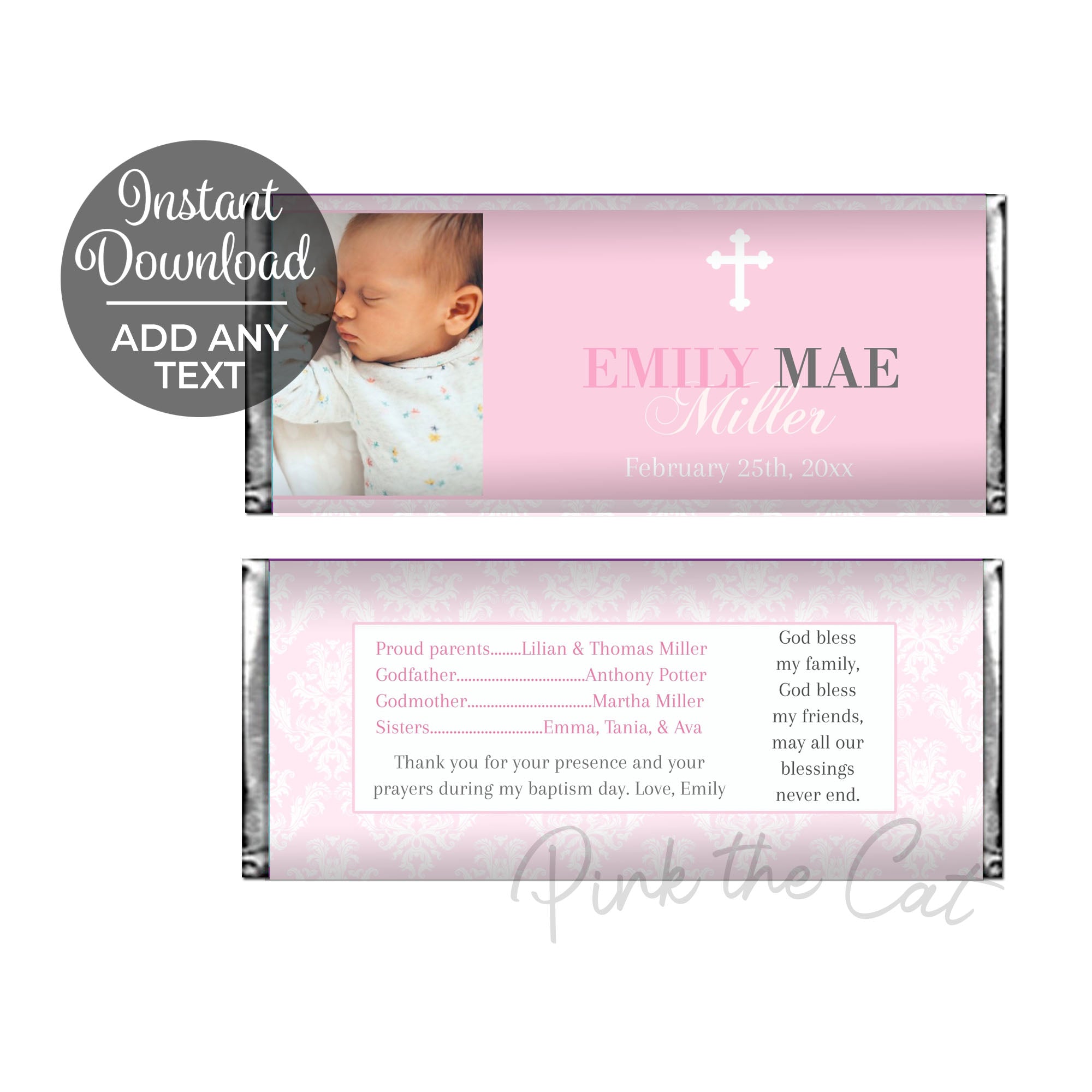 Girl baptism candy wrapper with photo printable