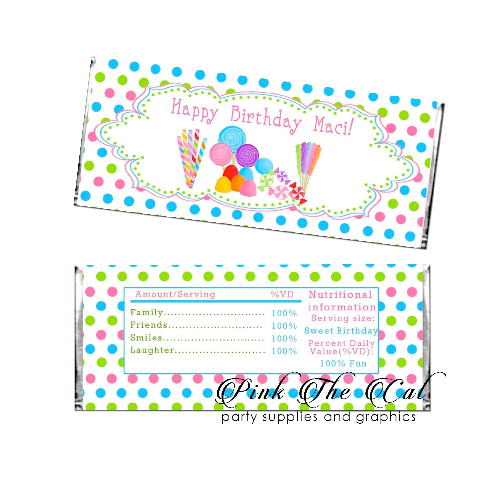 Candy themed candy wrapper birthday party favors printable template