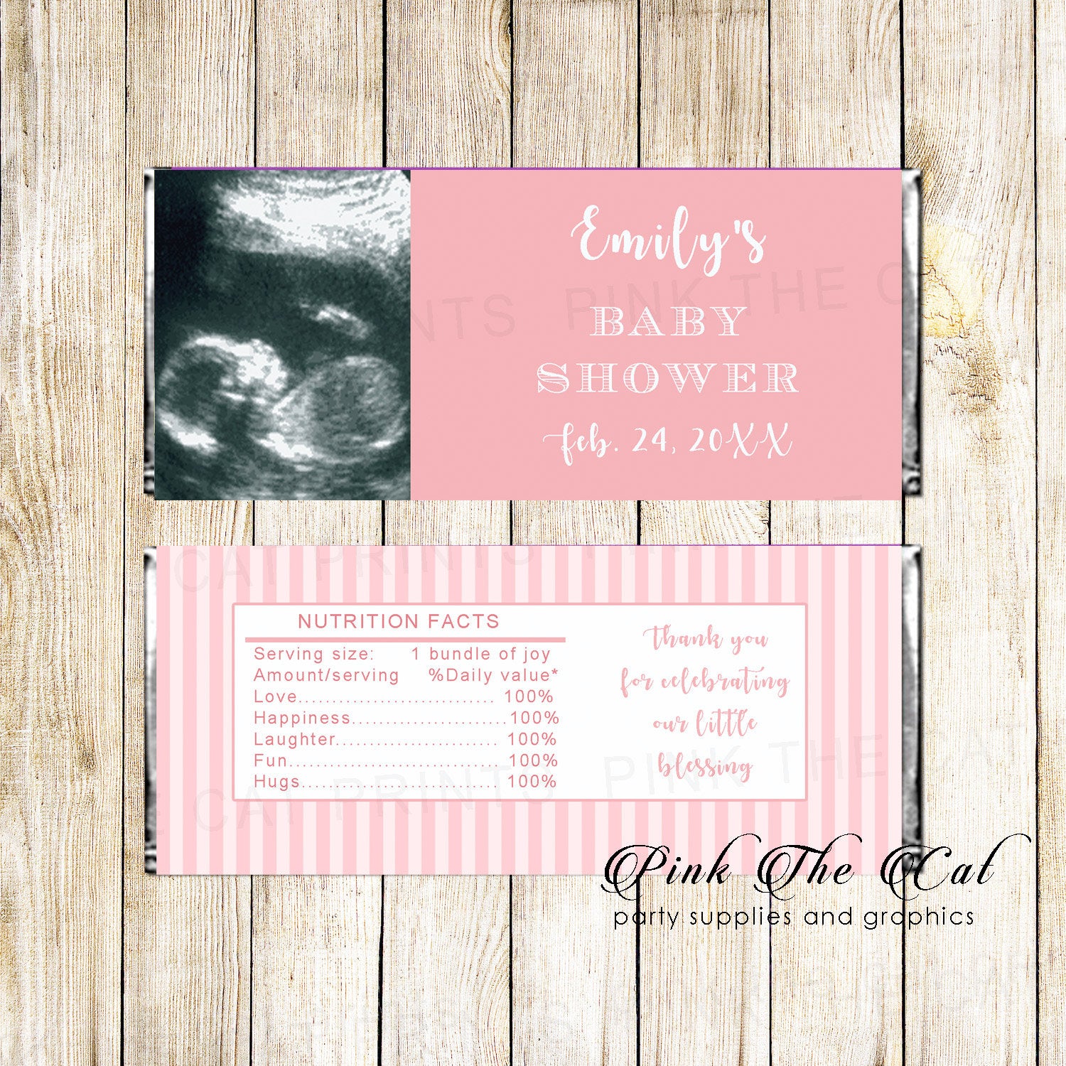 Girl baby shower candy bar wrapper with photo