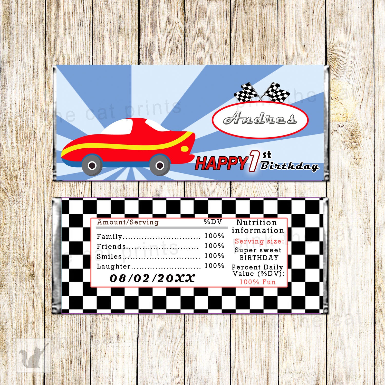 Cars Race Candy Bar Label Wrapper Blue Boy Birthday Party