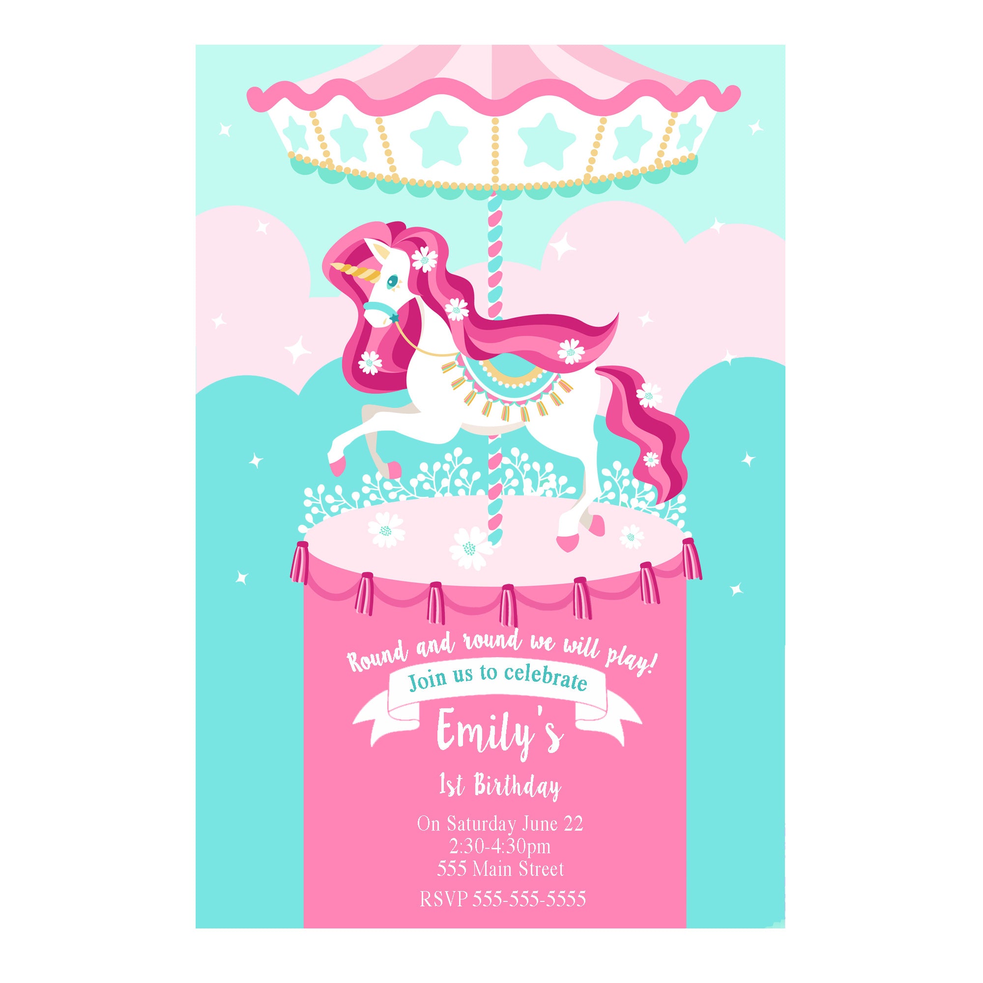 Carousel invitations pink unicorn printable