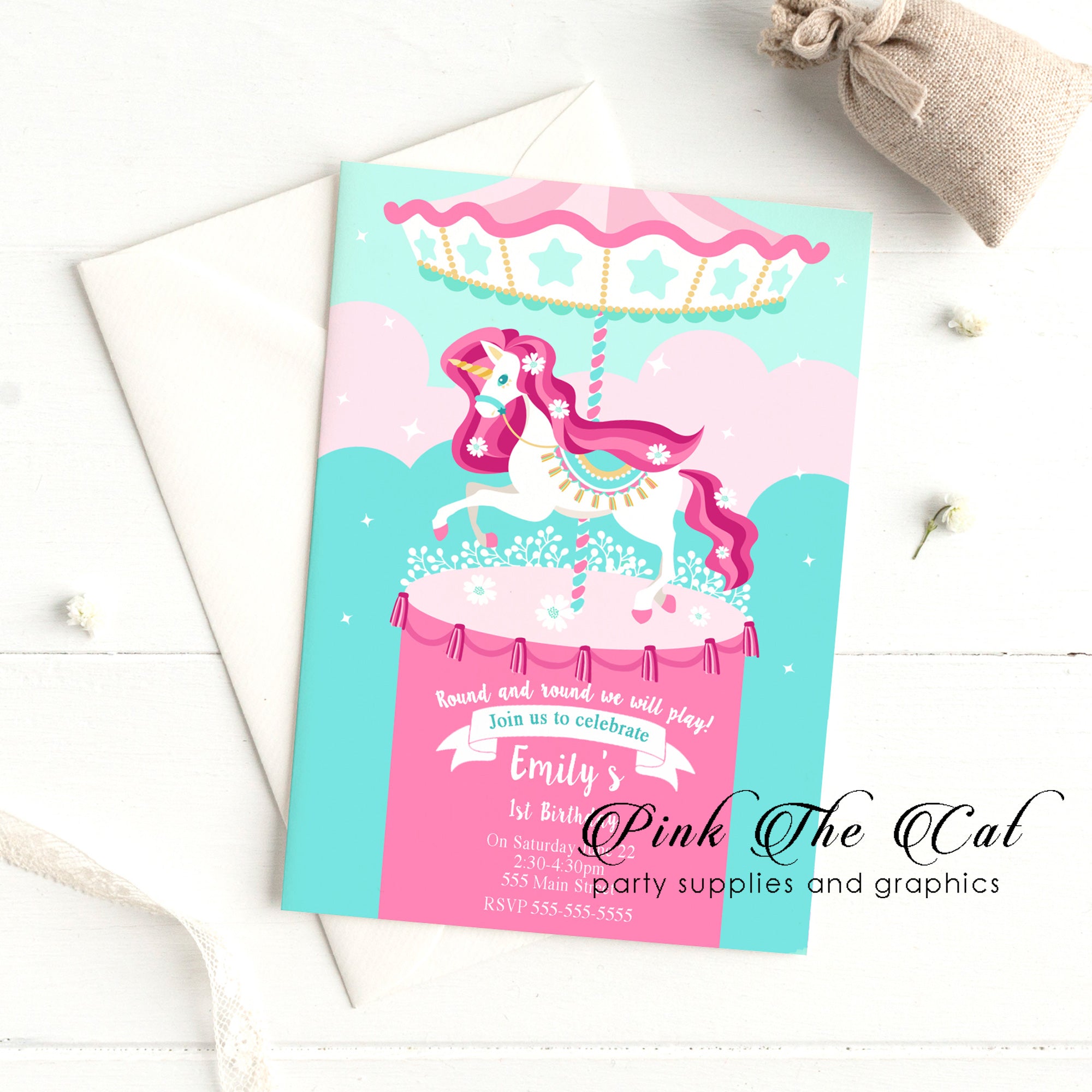 30 Carousel invitations birthday baby shower pink unicorn personalized