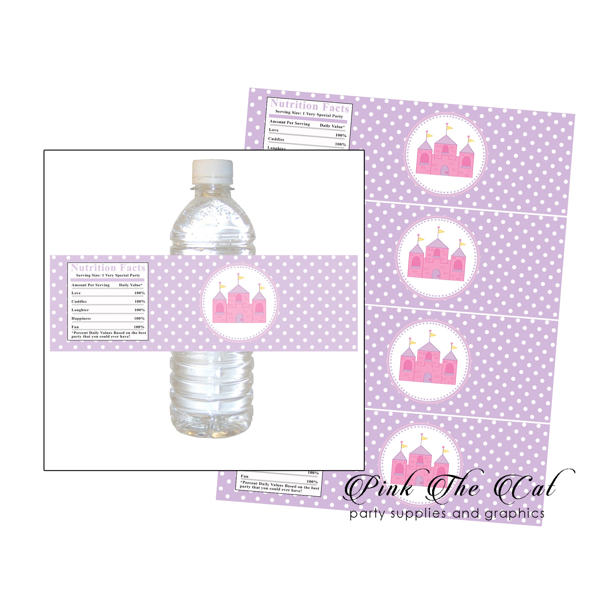Princess castle bottle label pink purple birthday baby shower printable