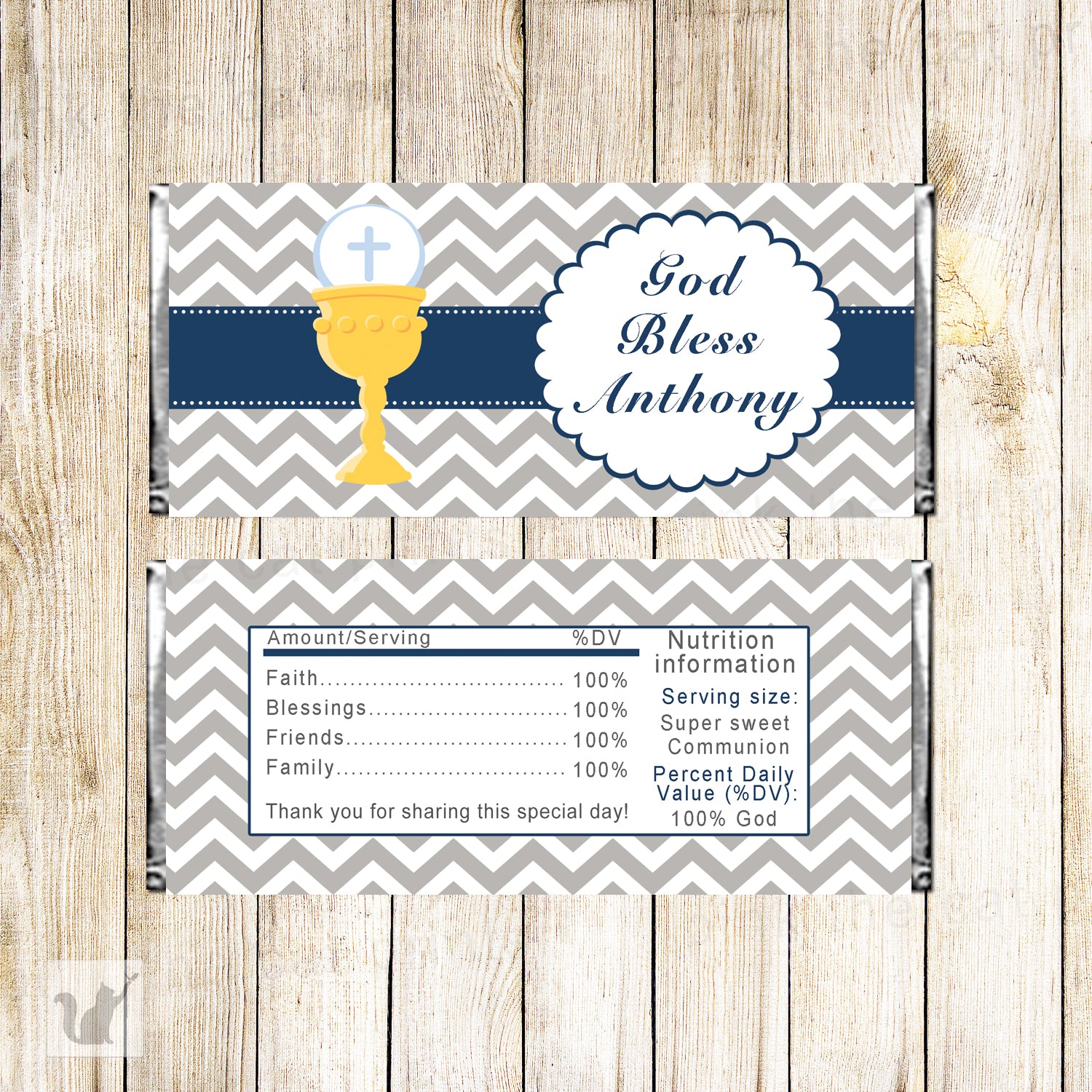30 Candy Bar Wrappers Boy First Communion Navy Gray