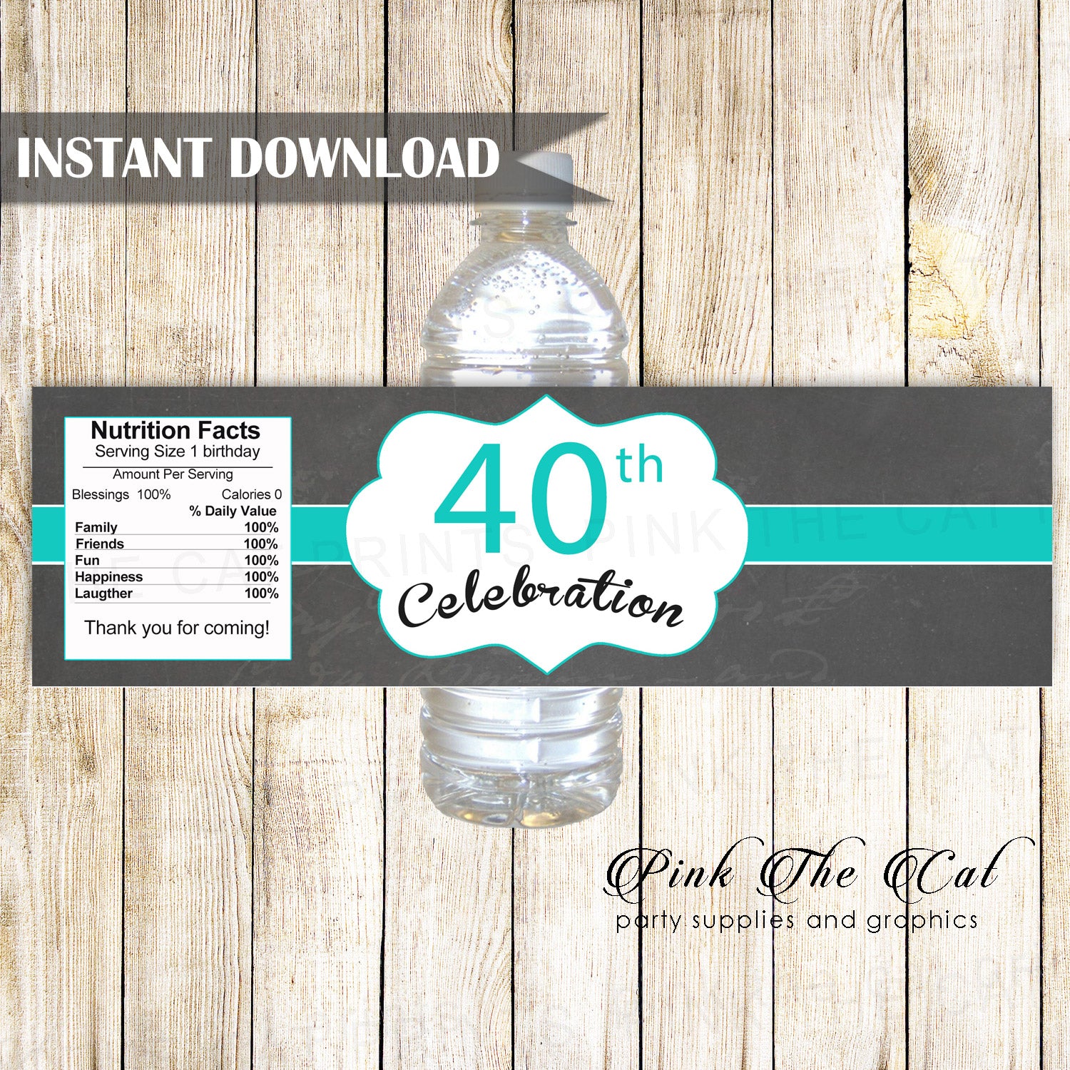 40th birthday bottle labels teal black unisex printable