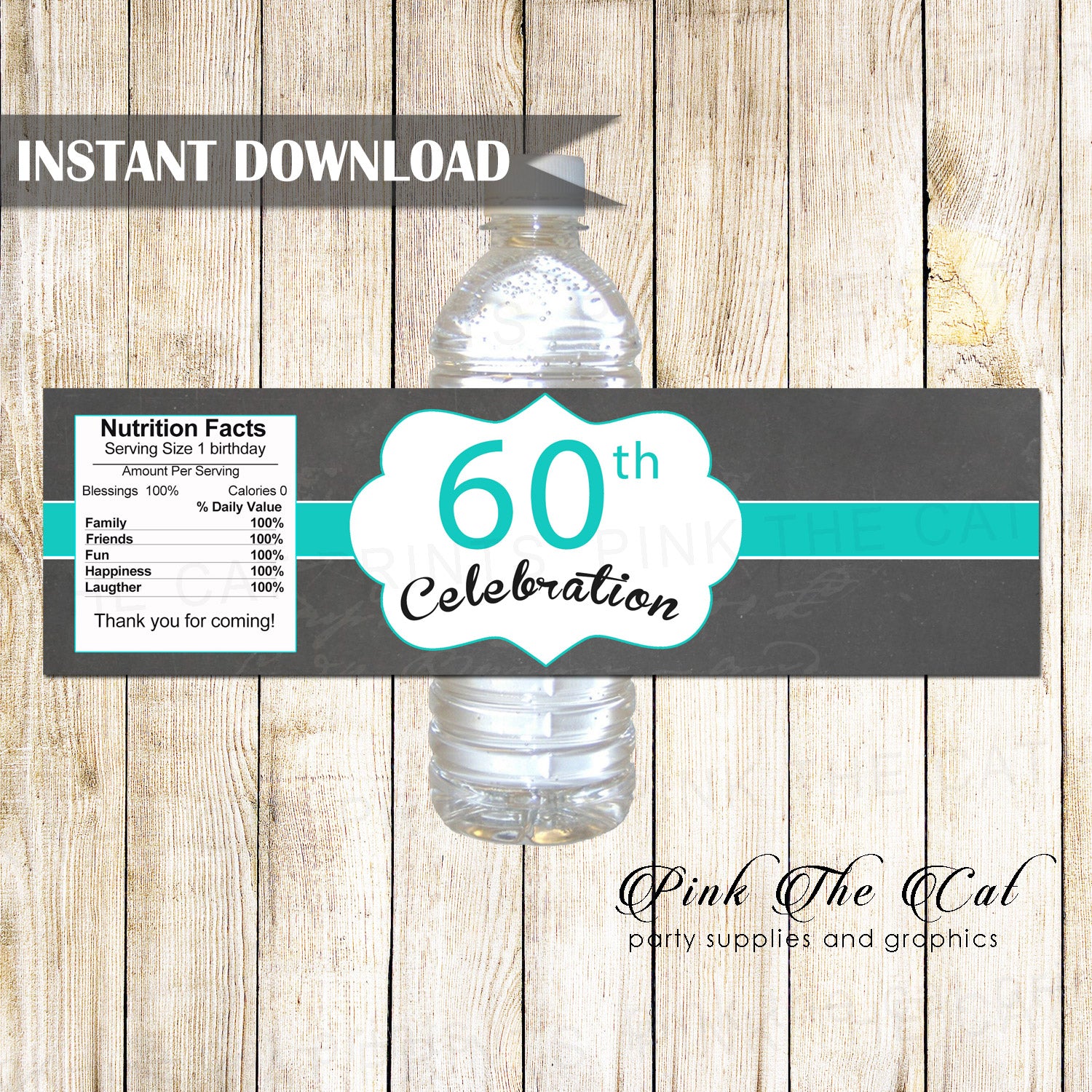 60th birthday bottle label teal black unisex printable