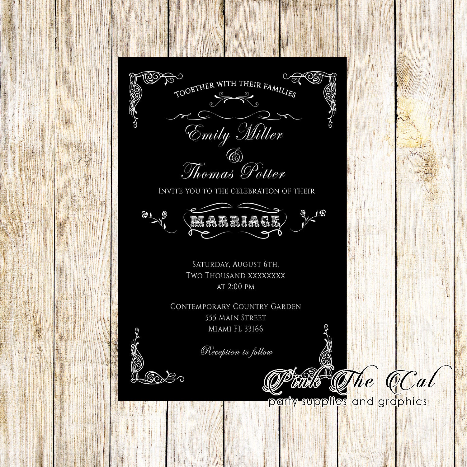 Black white chalkboard wedding invitation printable