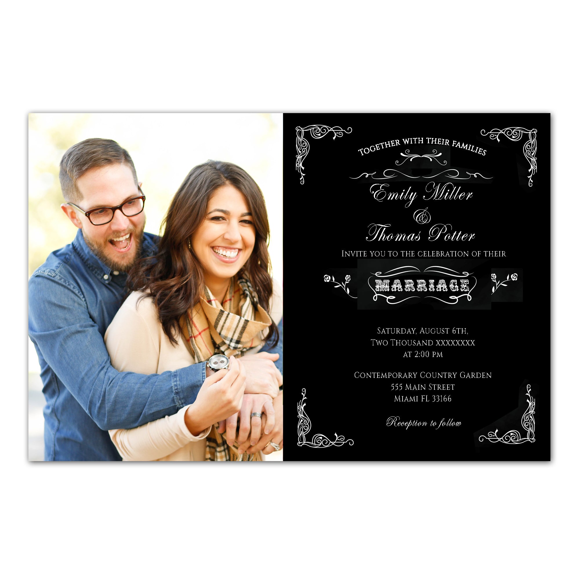 Black white wedding invitation with photo printable