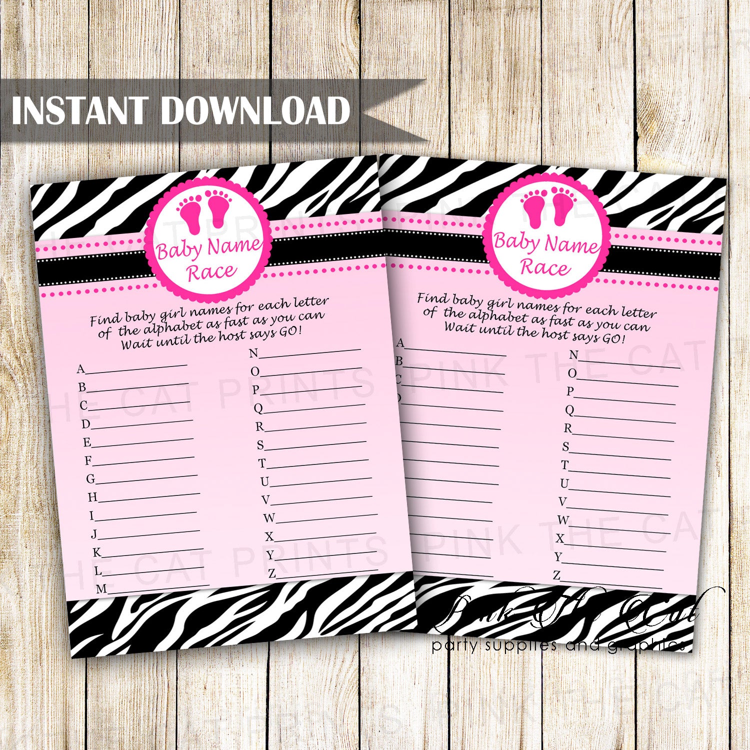 Girl Baby Name Race Card Pink Zebra Footprints Printable